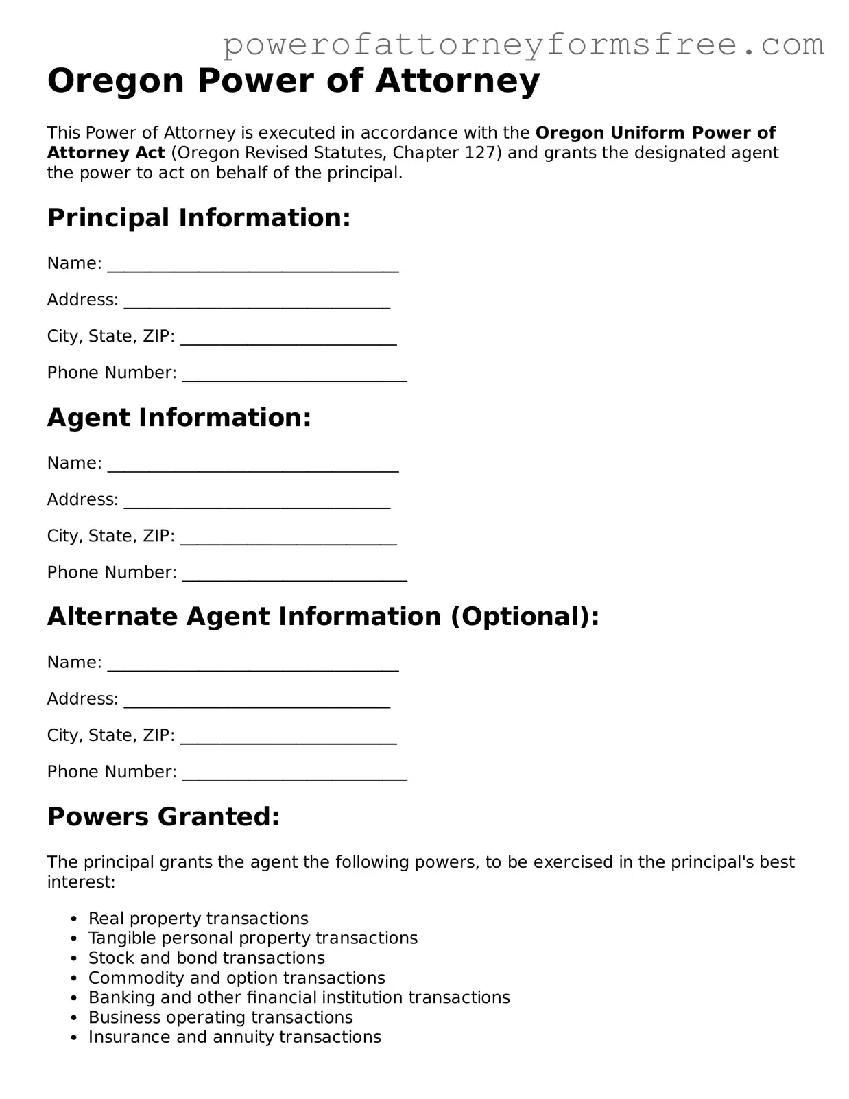 Fillable Power of Attorney Document for Oregon State