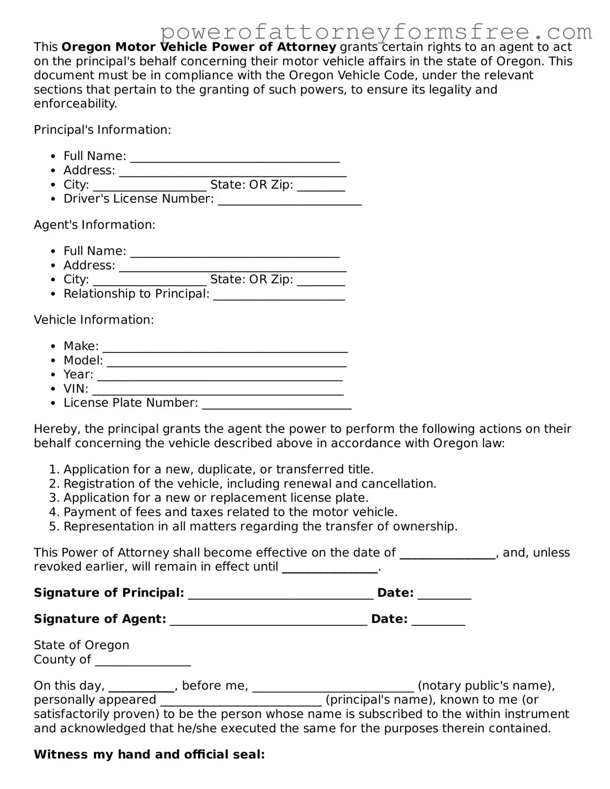 Fillable Motor Vehicle Power of Attorney Document for Oregon State
