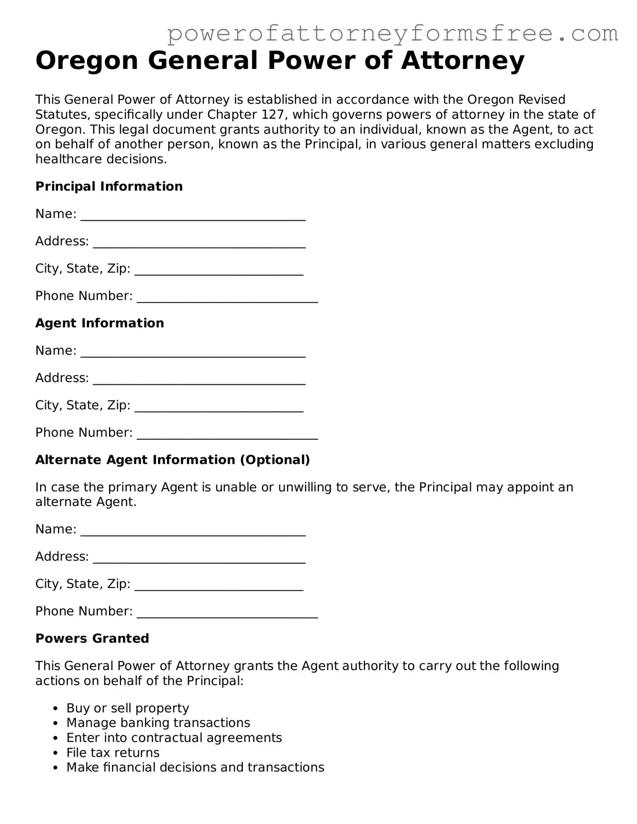 Fillable General Power of Attorney Document for Oregon State