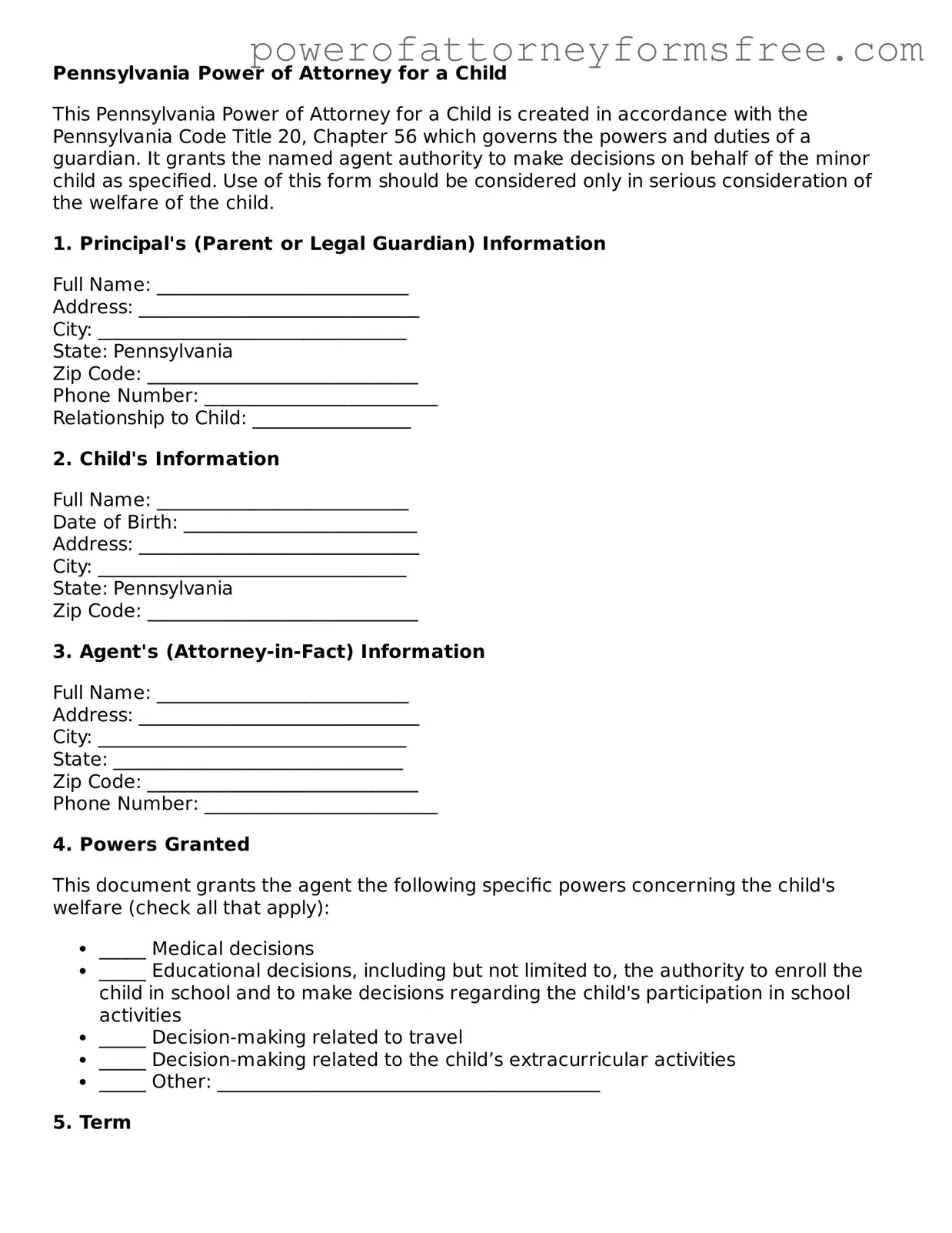Fillable Power of Attorney for a Child Document for Pennsylvania State
