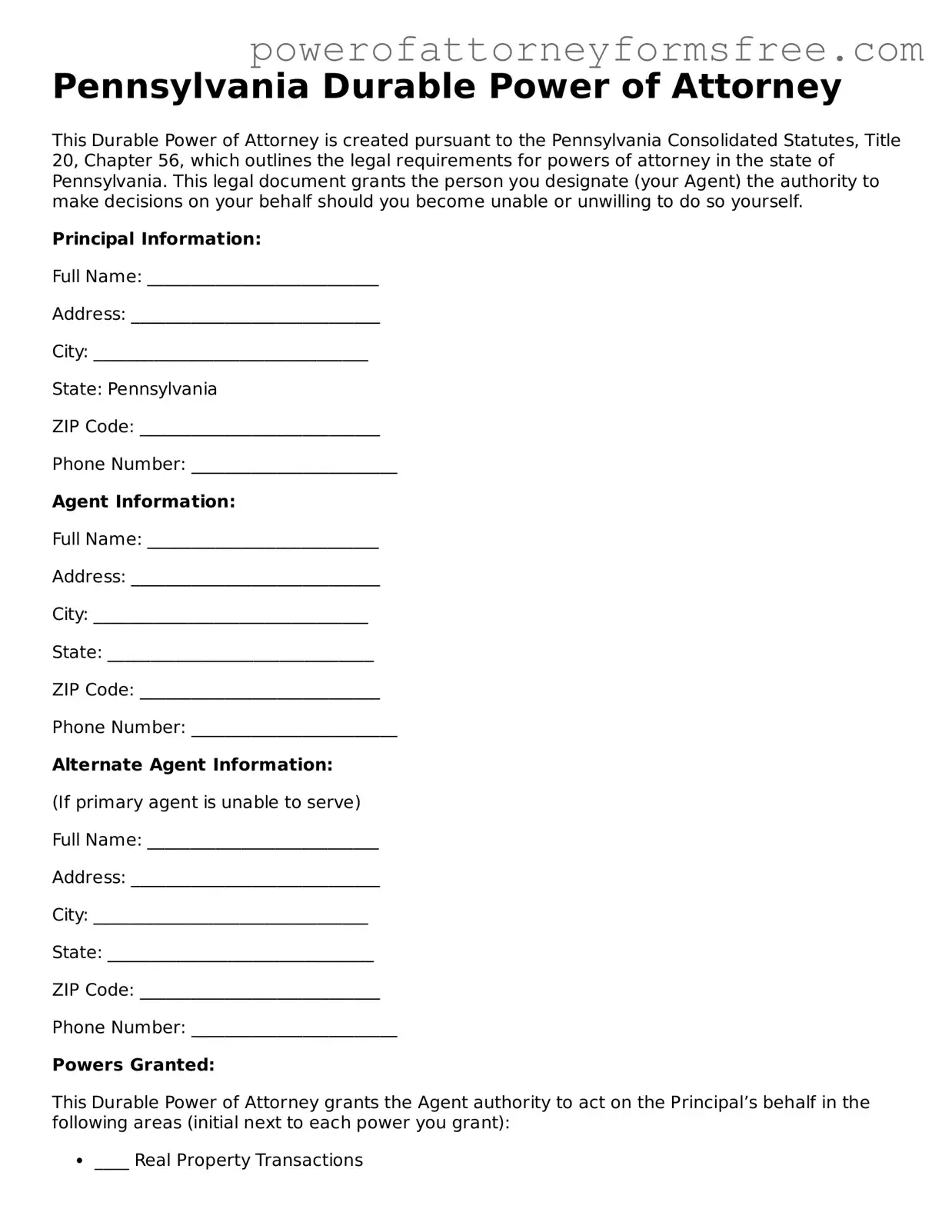 Fillable Durable Power of Attorney Document for Pennsylvania State