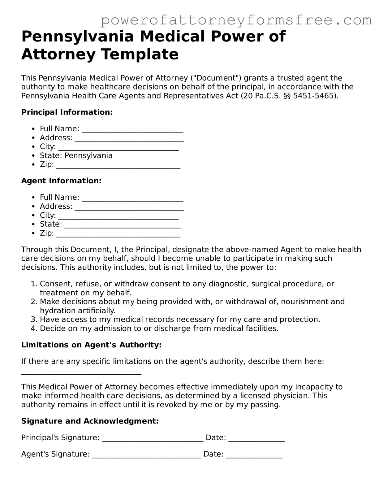 Fillable Medical Power of Attorney Document for Pennsylvania State