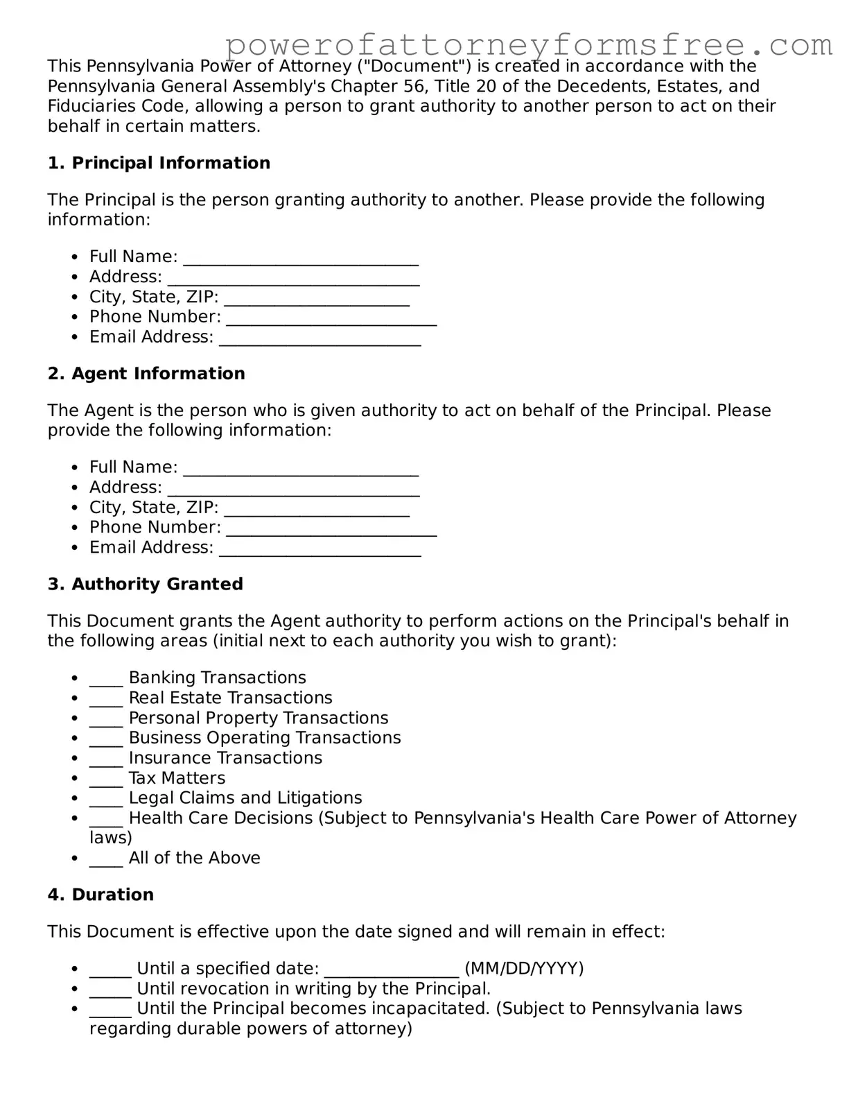 Fillable Power of Attorney Document for Pennsylvania State