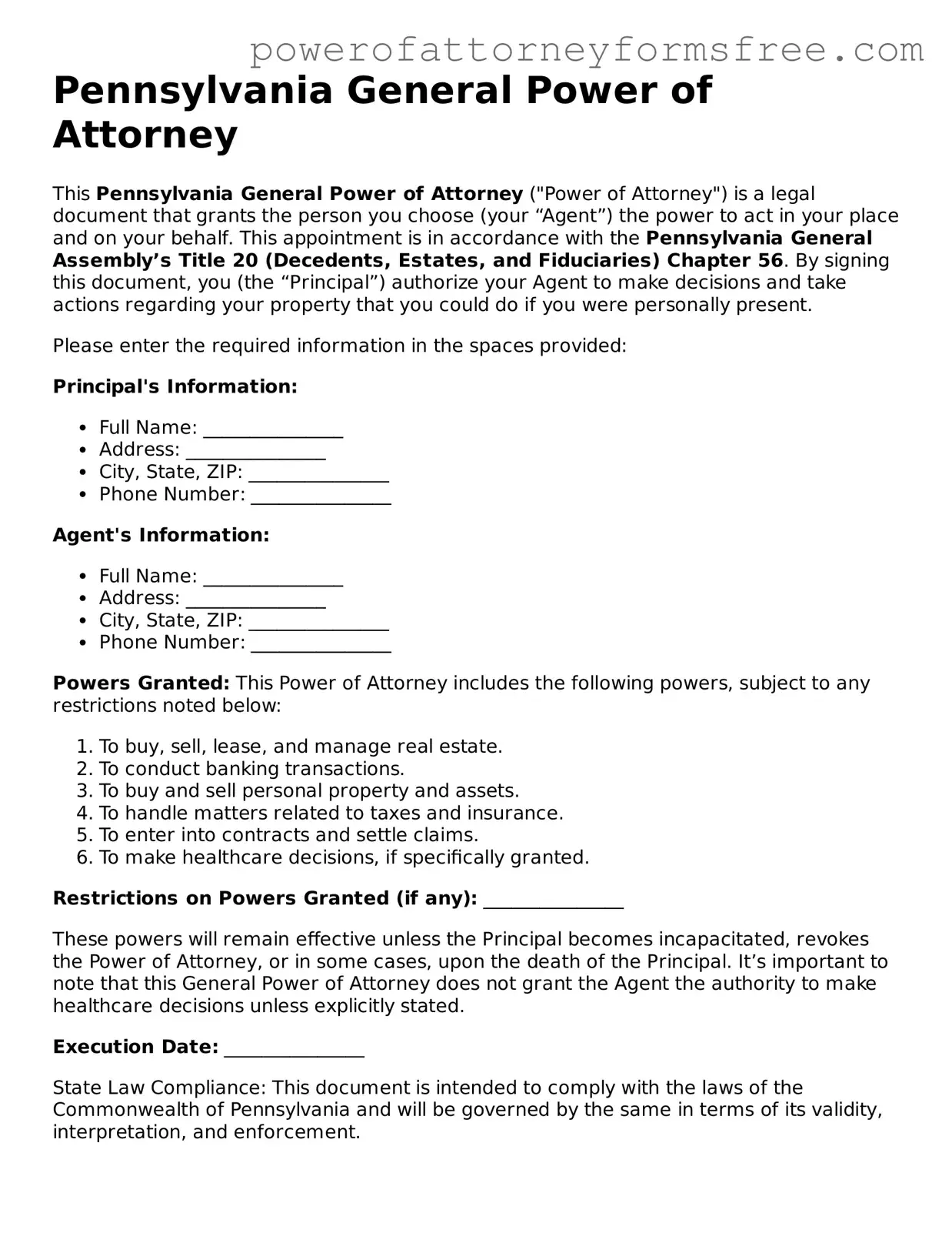 Fillable General Power of Attorney Document for Pennsylvania State