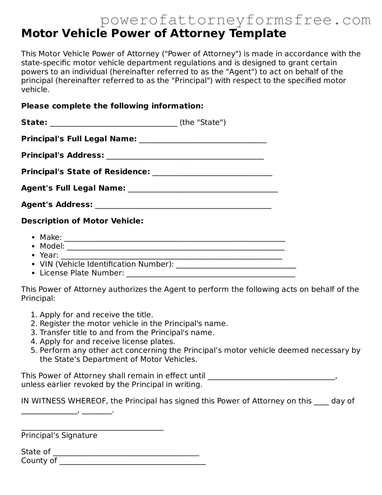 Fillable Motor Vehicle Power of Attorney Document