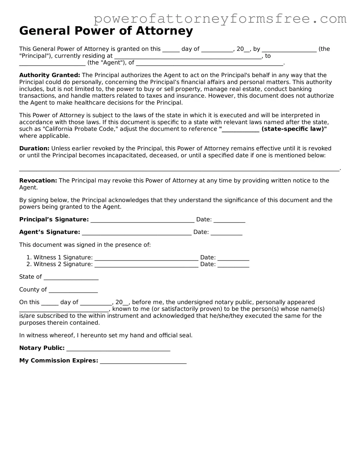Fillable General Power of Attorney Document