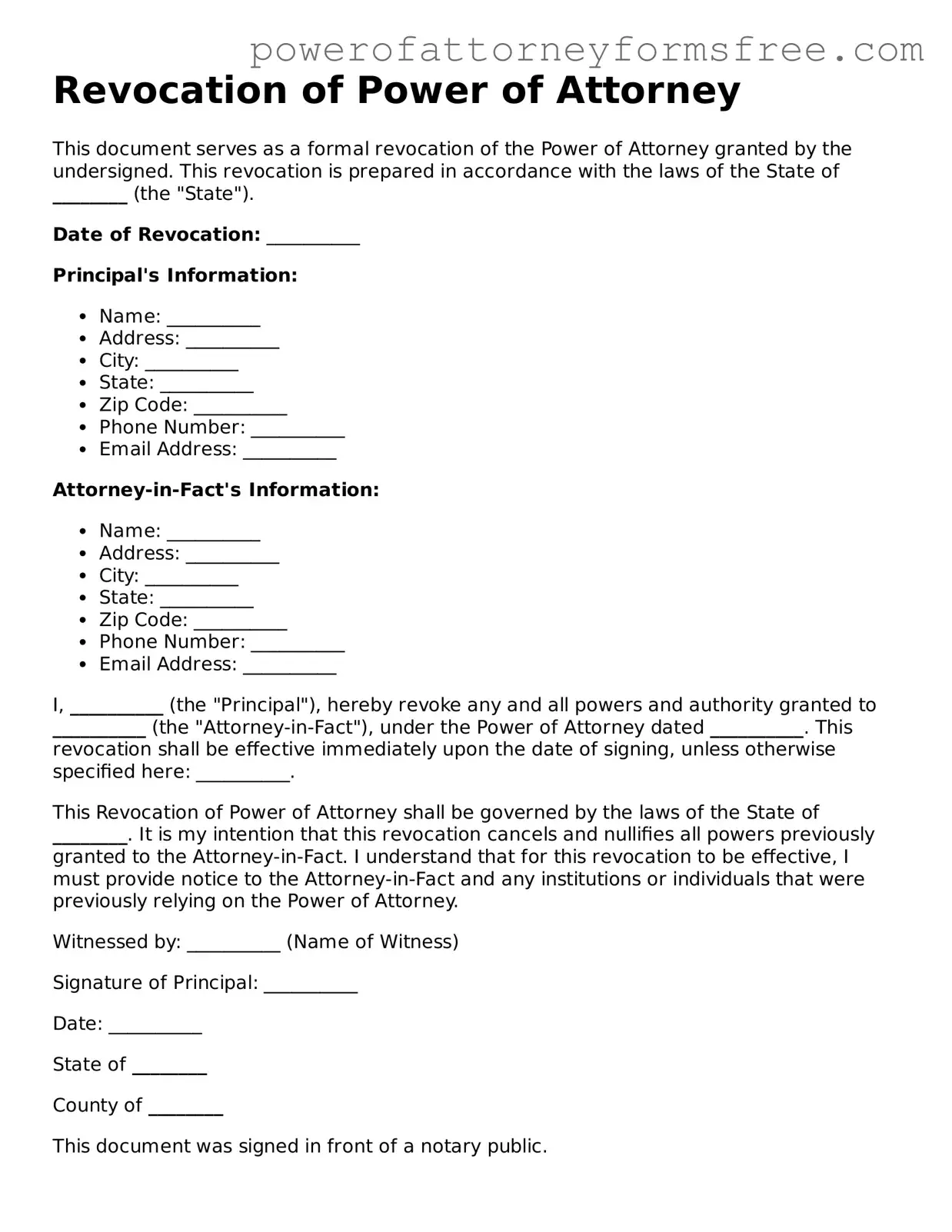 Fillable Revocation of Power of Attorney Document