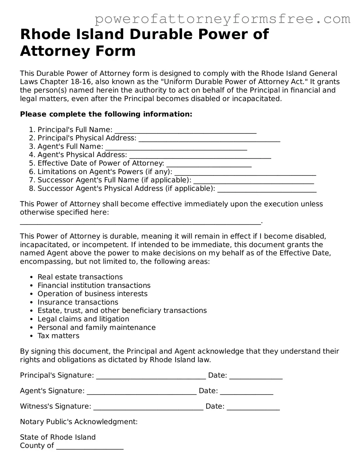 Fillable Durable Power of Attorney Document for Rhode Island State
