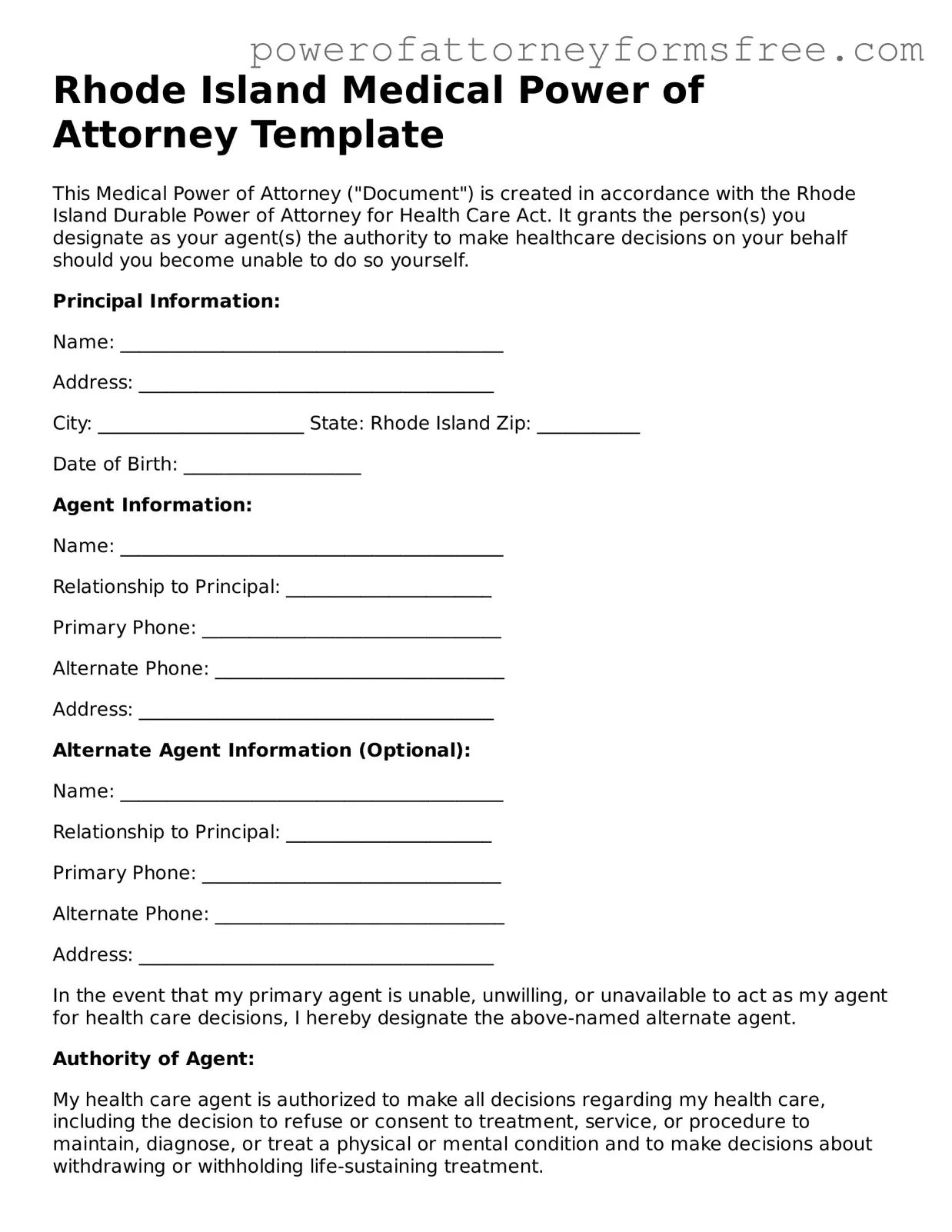 Fillable Medical Power of Attorney Document for Rhode Island State