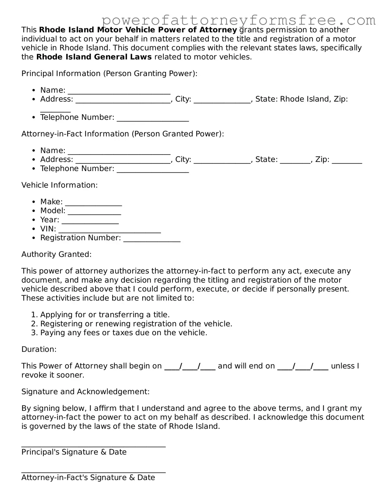 Fillable Motor Vehicle Power of Attorney Document for Rhode Island State
