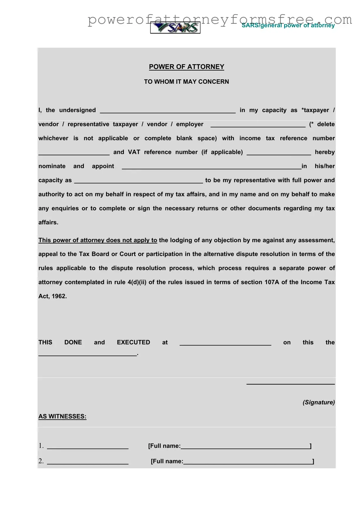 Sars Power Of Antorney Template