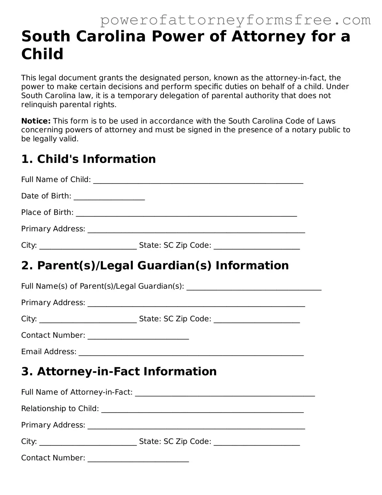 Fillable Power of Attorney for a Child Document for South Carolina State