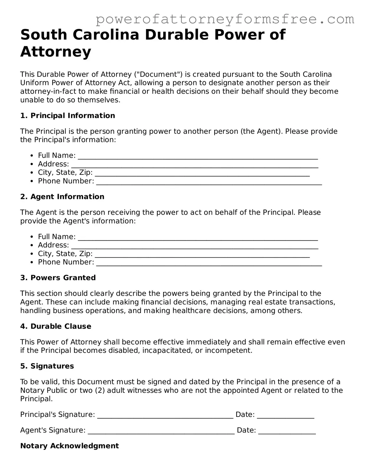 Fillable Durable Power of Attorney Document for South Carolina State