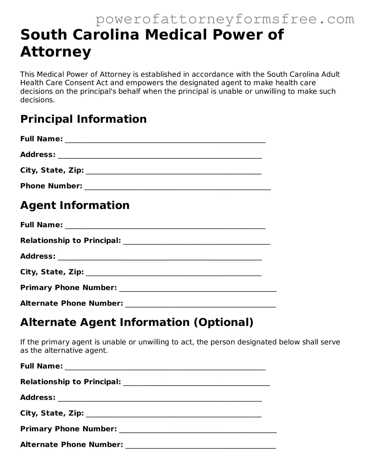 Fillable Medical Power of Attorney Document for South Carolina State