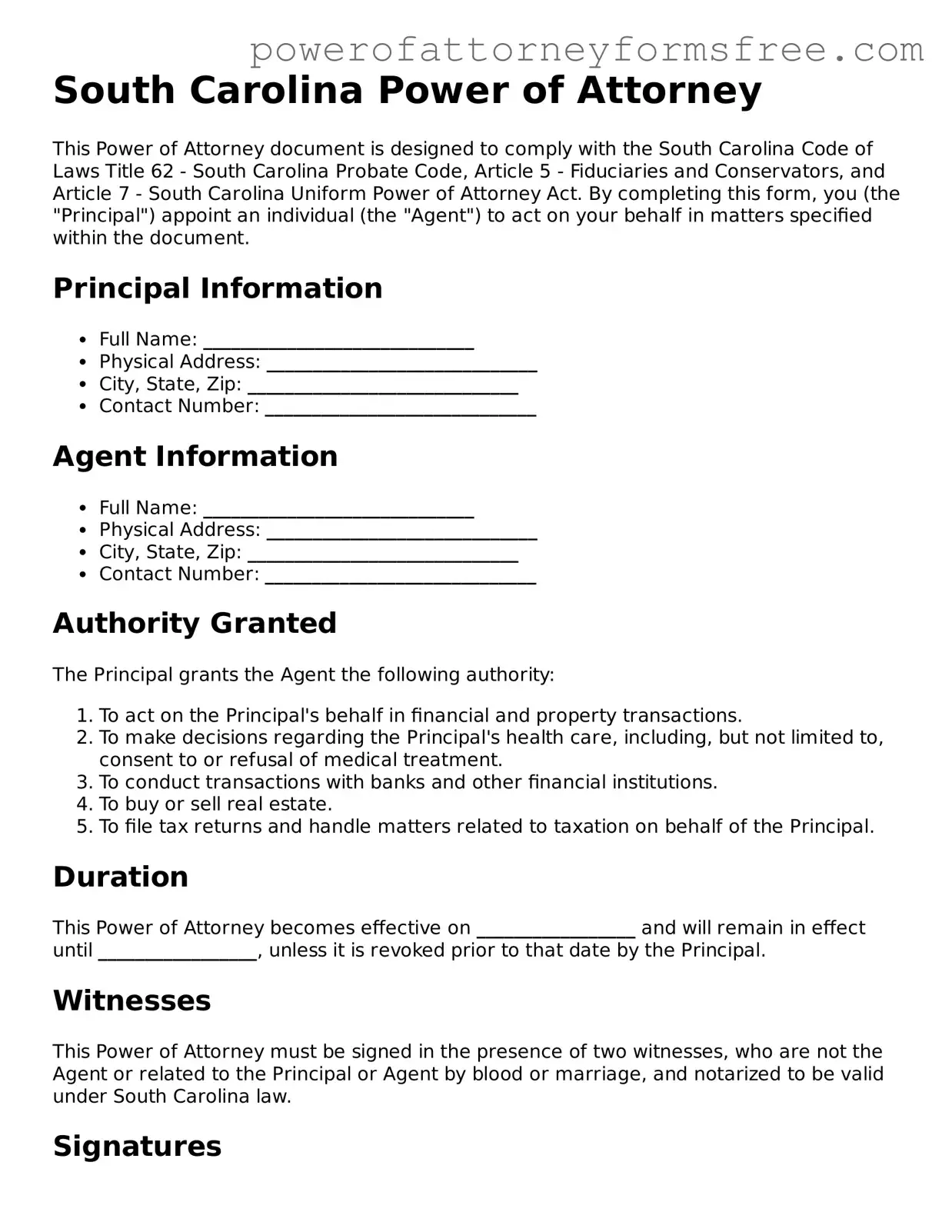 Fillable Power of Attorney Document for South Carolina State