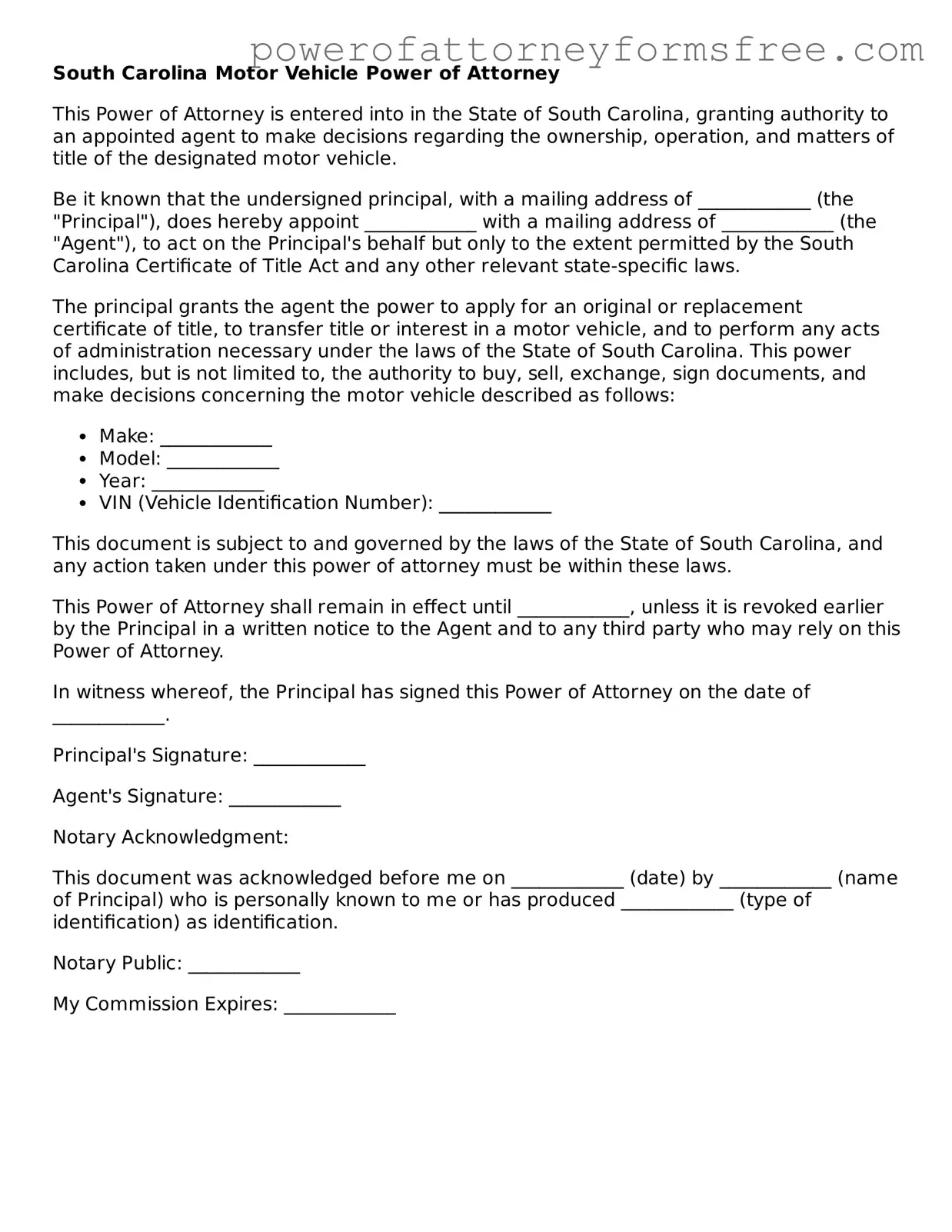 Fillable Motor Vehicle Power of Attorney Document for South Carolina State