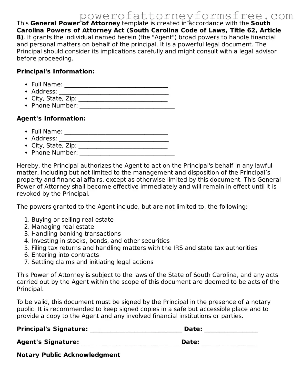 Fillable General Power of Attorney Document for South Carolina State