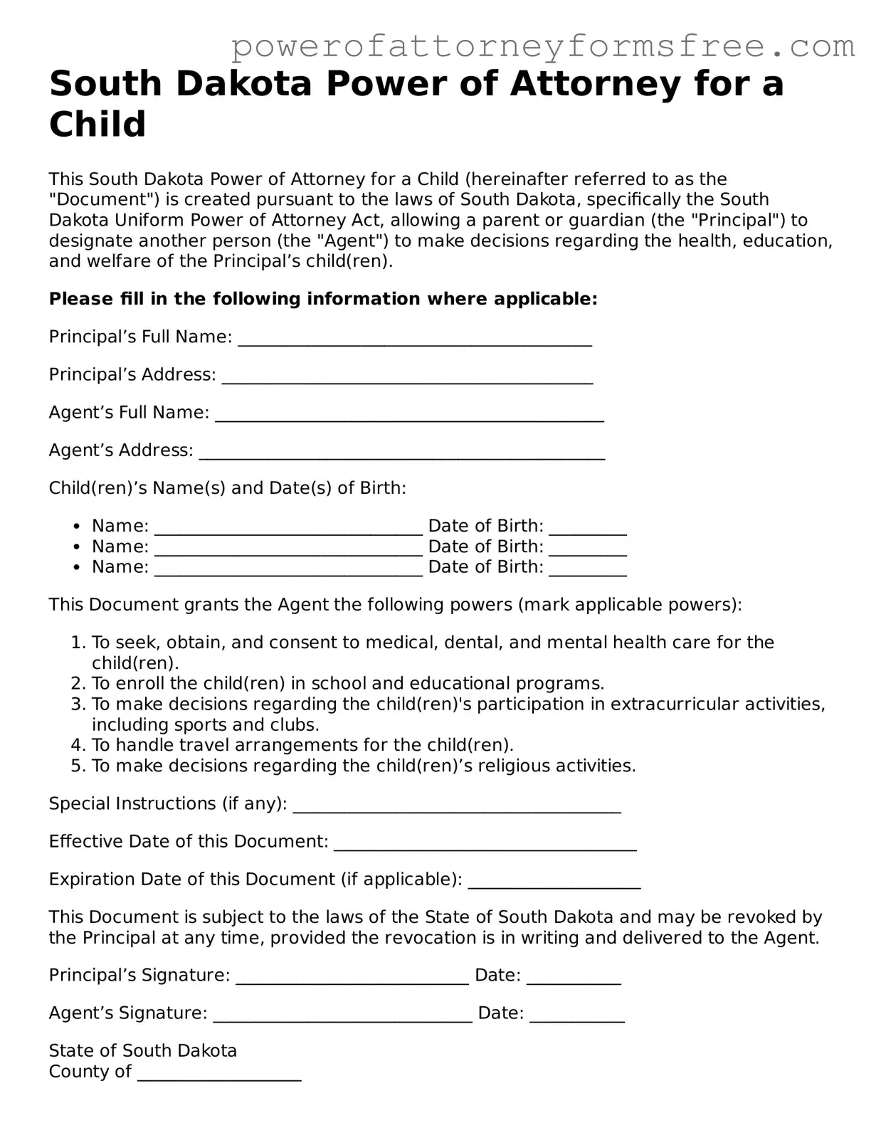 Fillable Power of Attorney for a Child Document for South Dakota State