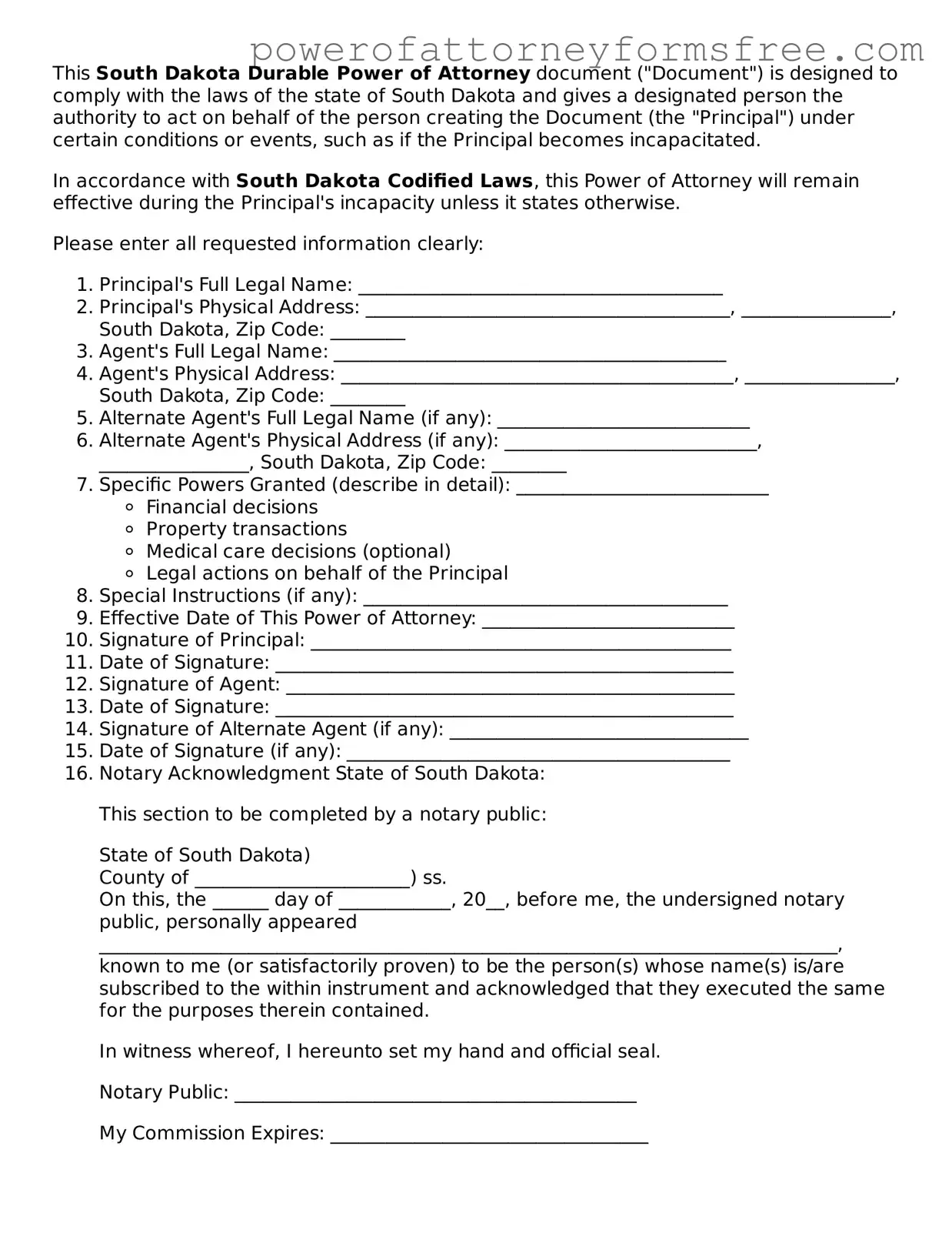 Fillable Durable Power of Attorney Document for South Dakota State
