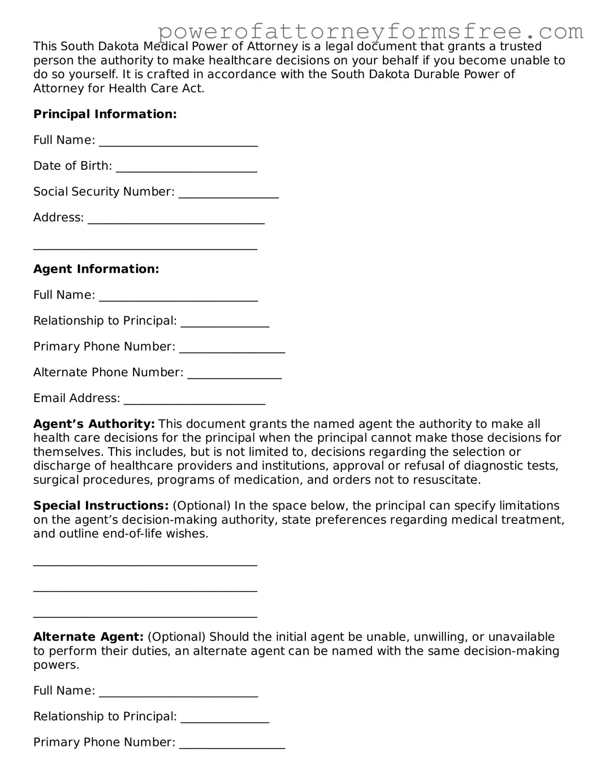 Fillable Medical Power of Attorney Document for South Dakota State