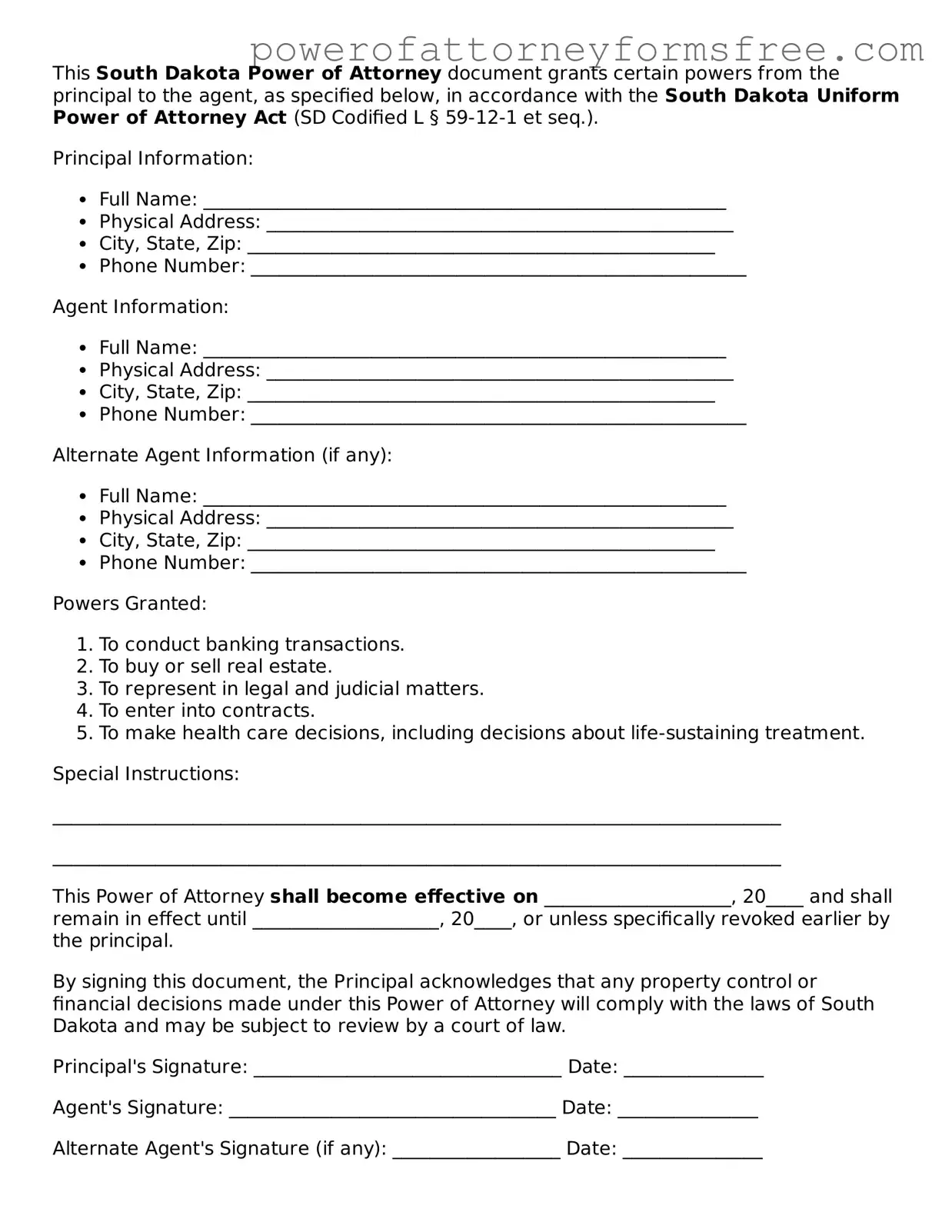 Fillable Power of Attorney Document for South Dakota State