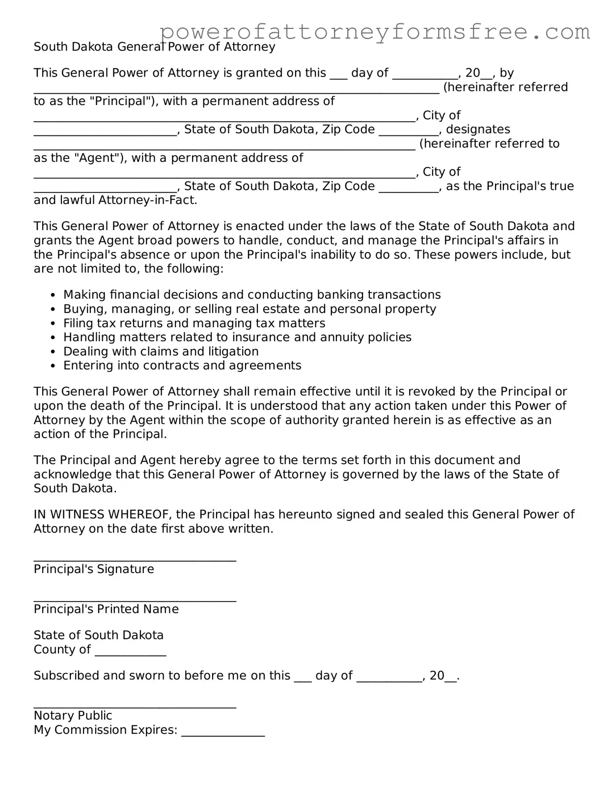 Fillable General Power of Attorney Document for South Dakota State