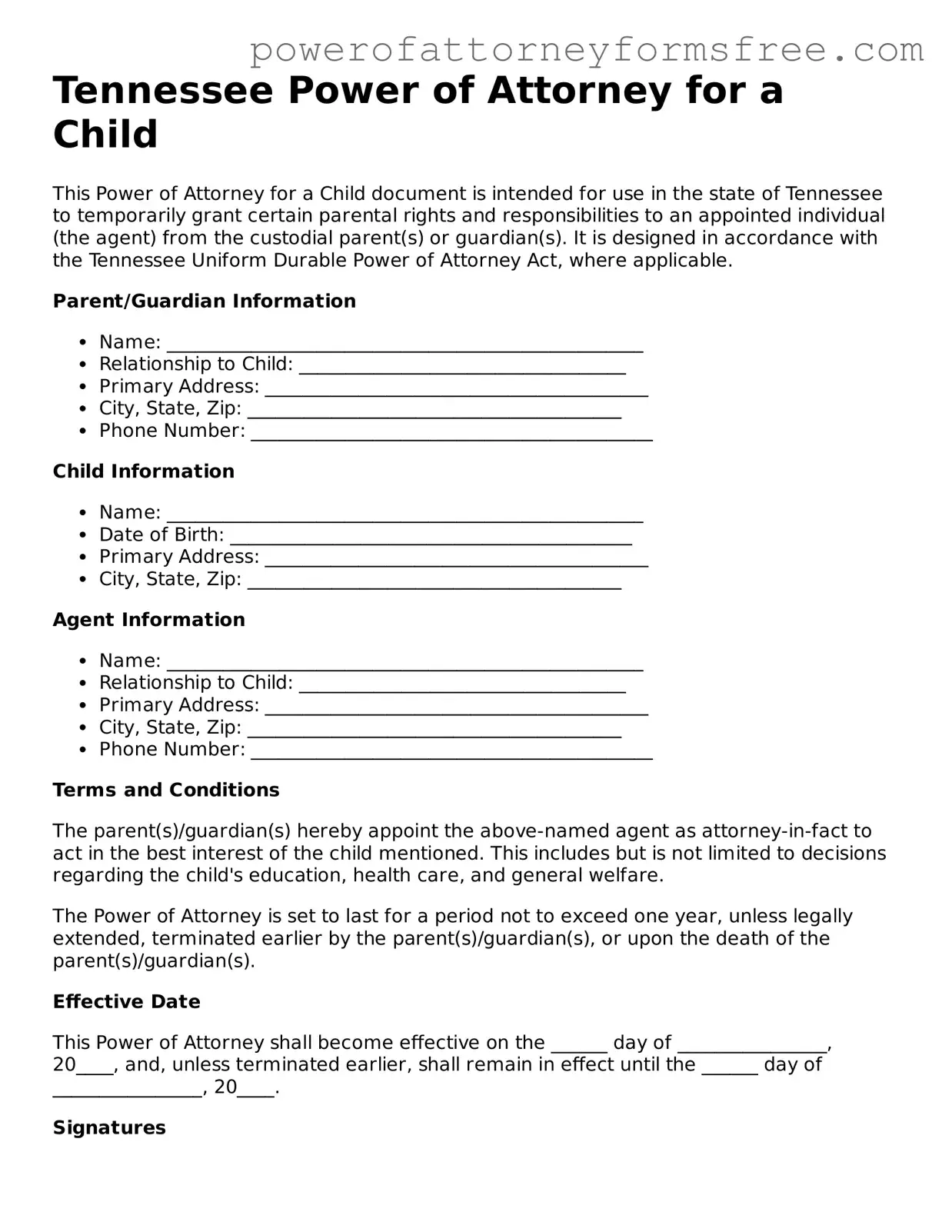 Fillable Power of Attorney for a Child Document for Tennessee State