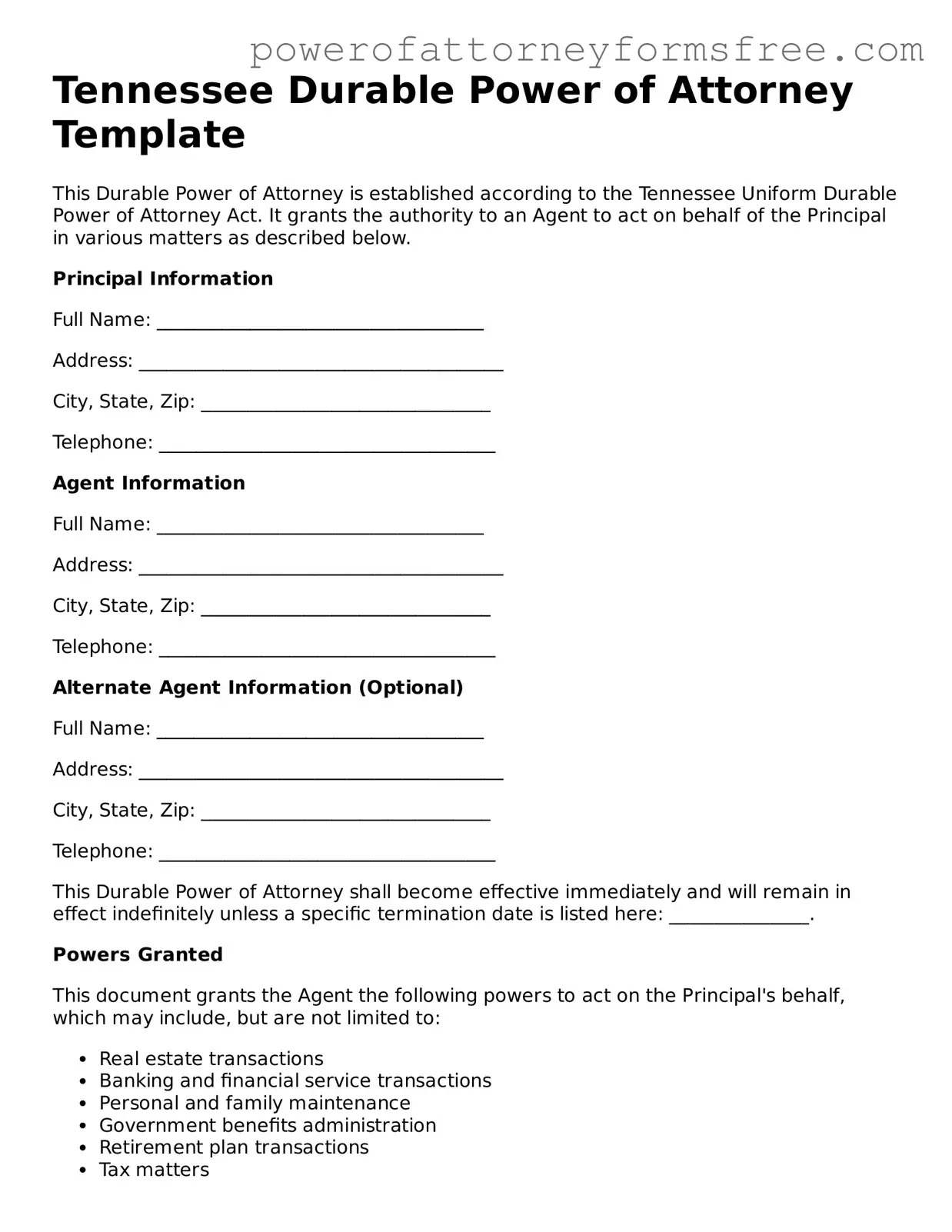 Fillable Durable Power of Attorney Document for Tennessee State