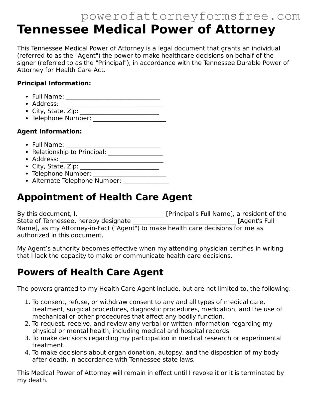 Fillable Medical Power of Attorney Document for Tennessee State