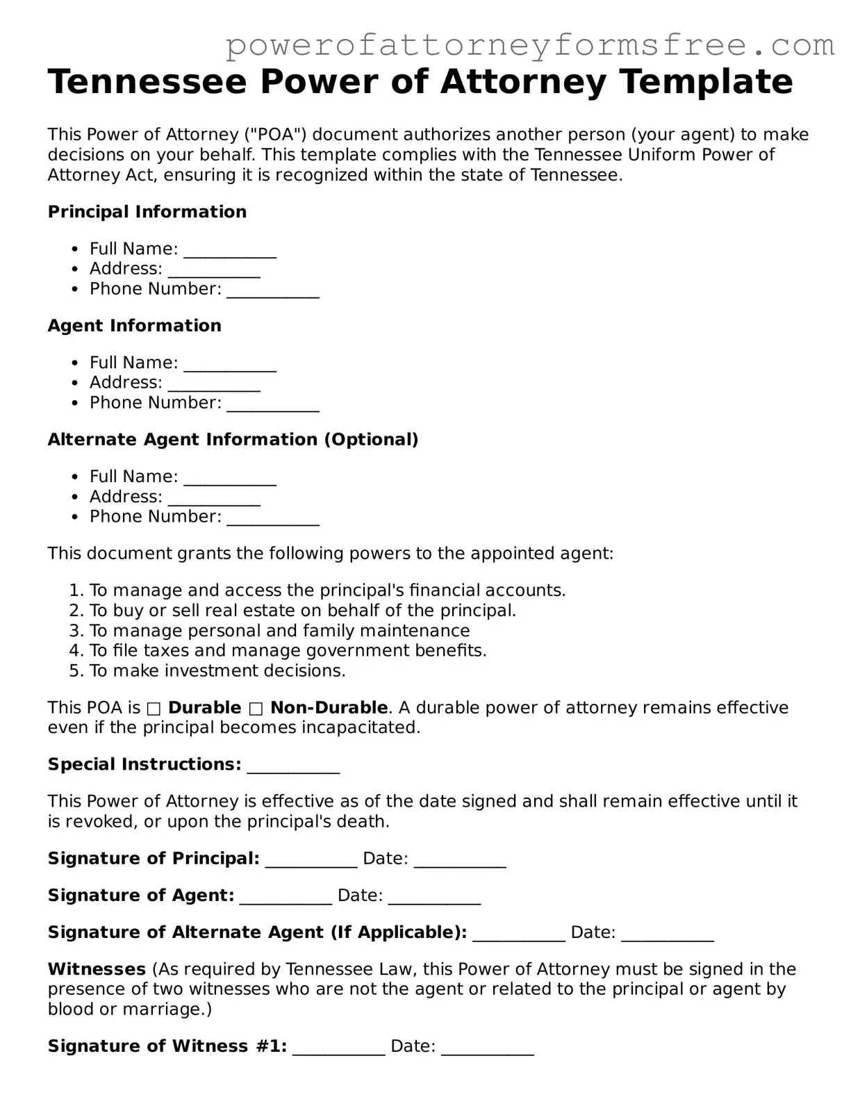 Fillable Power of Attorney Document for Tennessee State