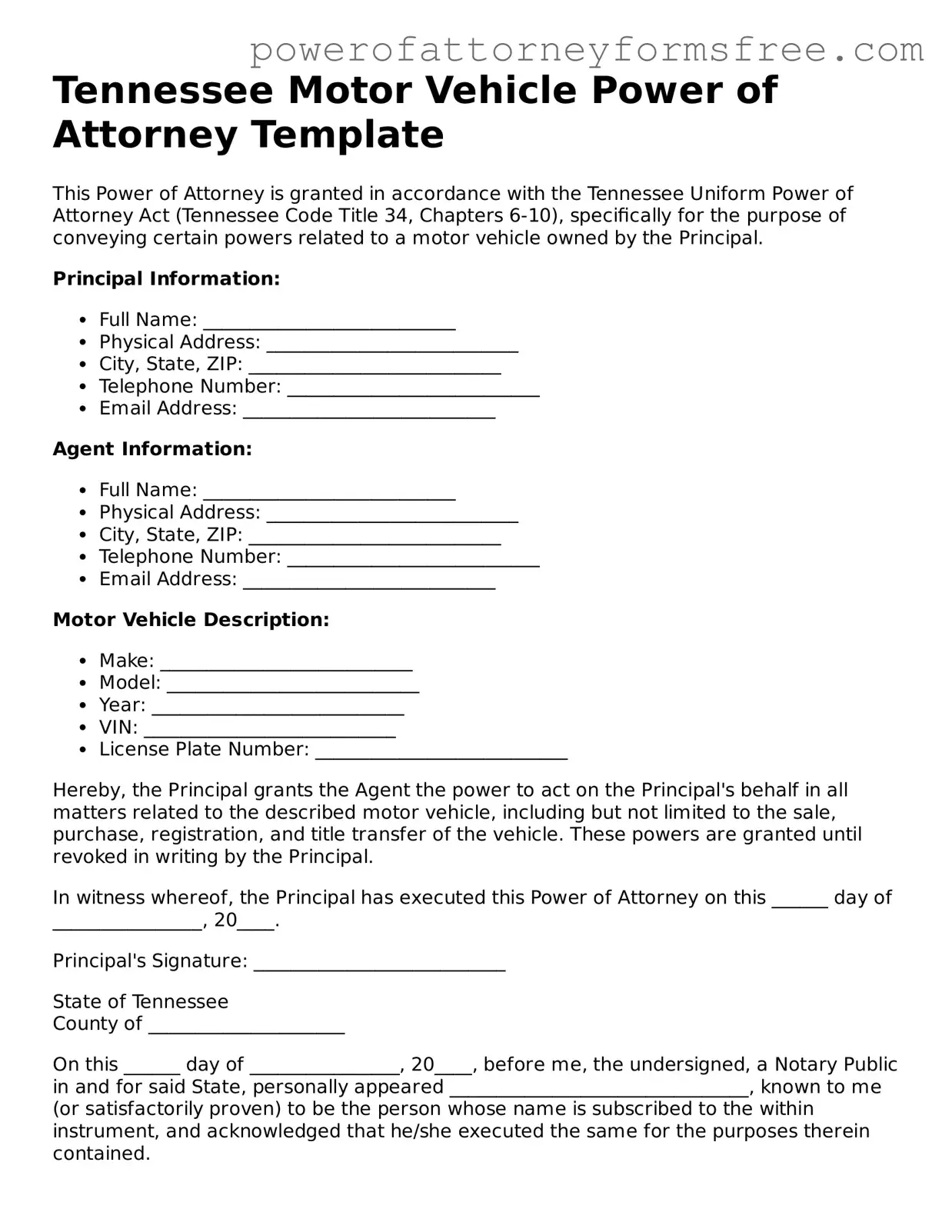 Fillable Motor Vehicle Power of Attorney Document for Tennessee State