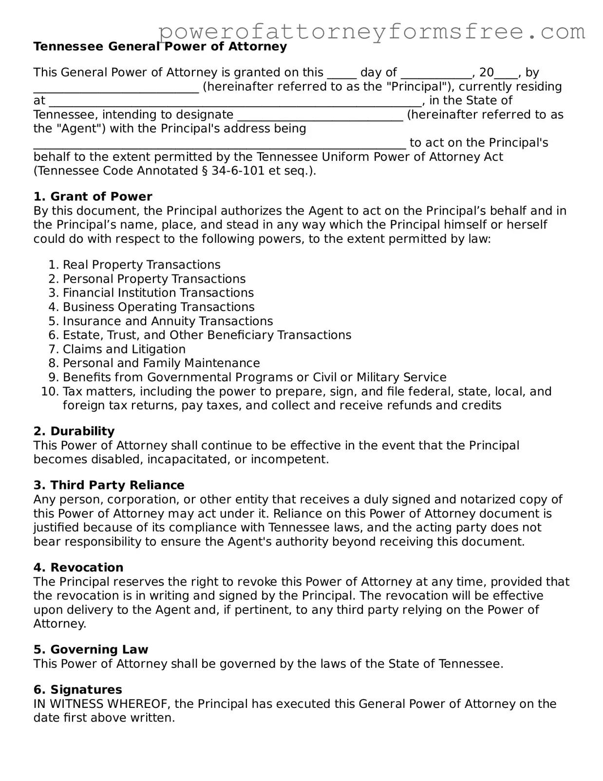 Fillable General Power of Attorney Document for Tennessee State