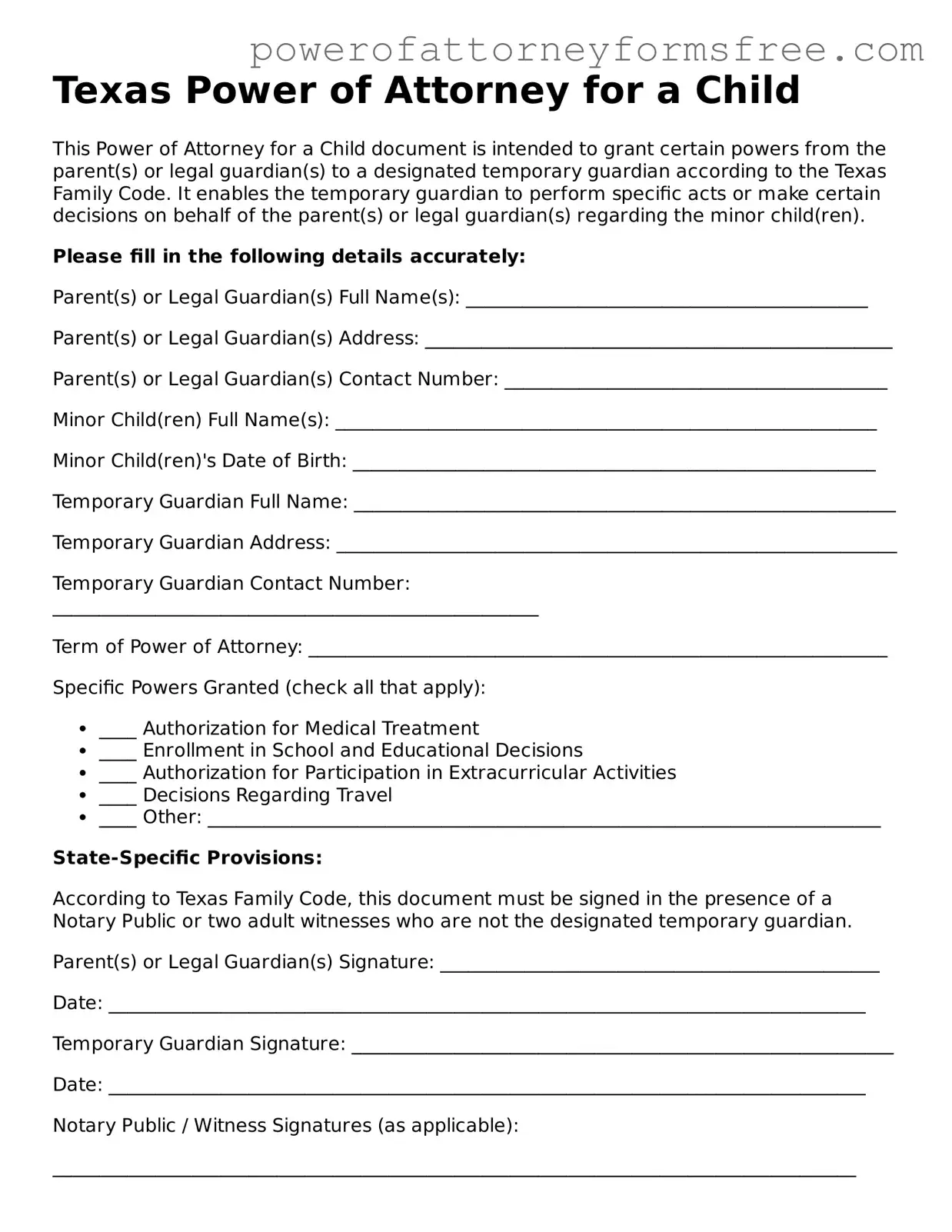 Fillable Power of Attorney for a Child Document for Texas State