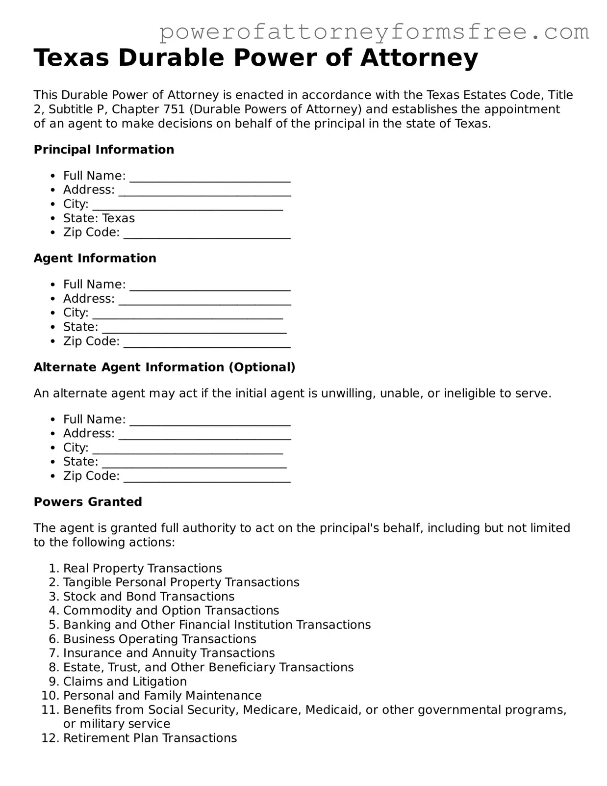 Fillable Durable Power of Attorney Document for Texas State
