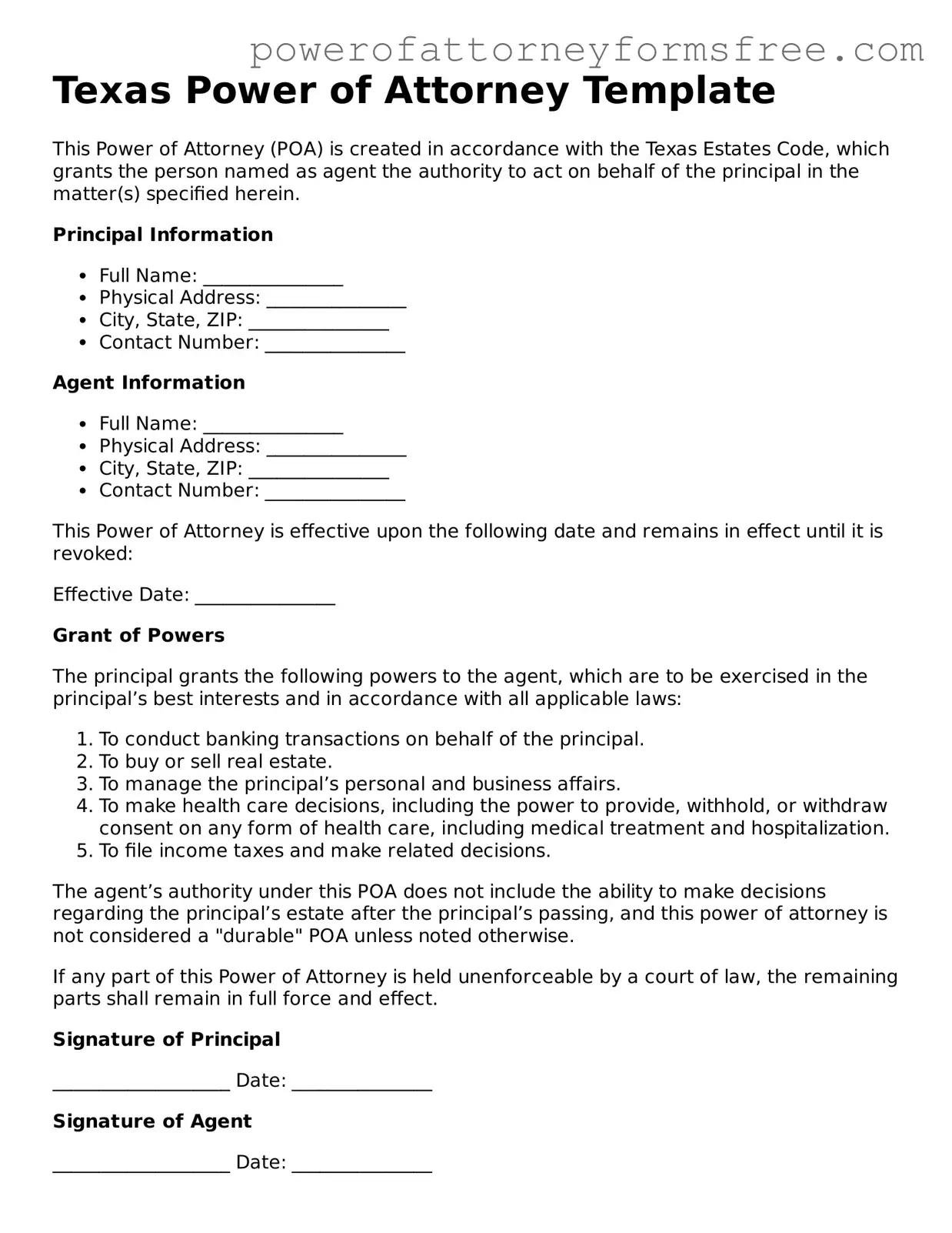 Fillable Power of Attorney Document for Texas State