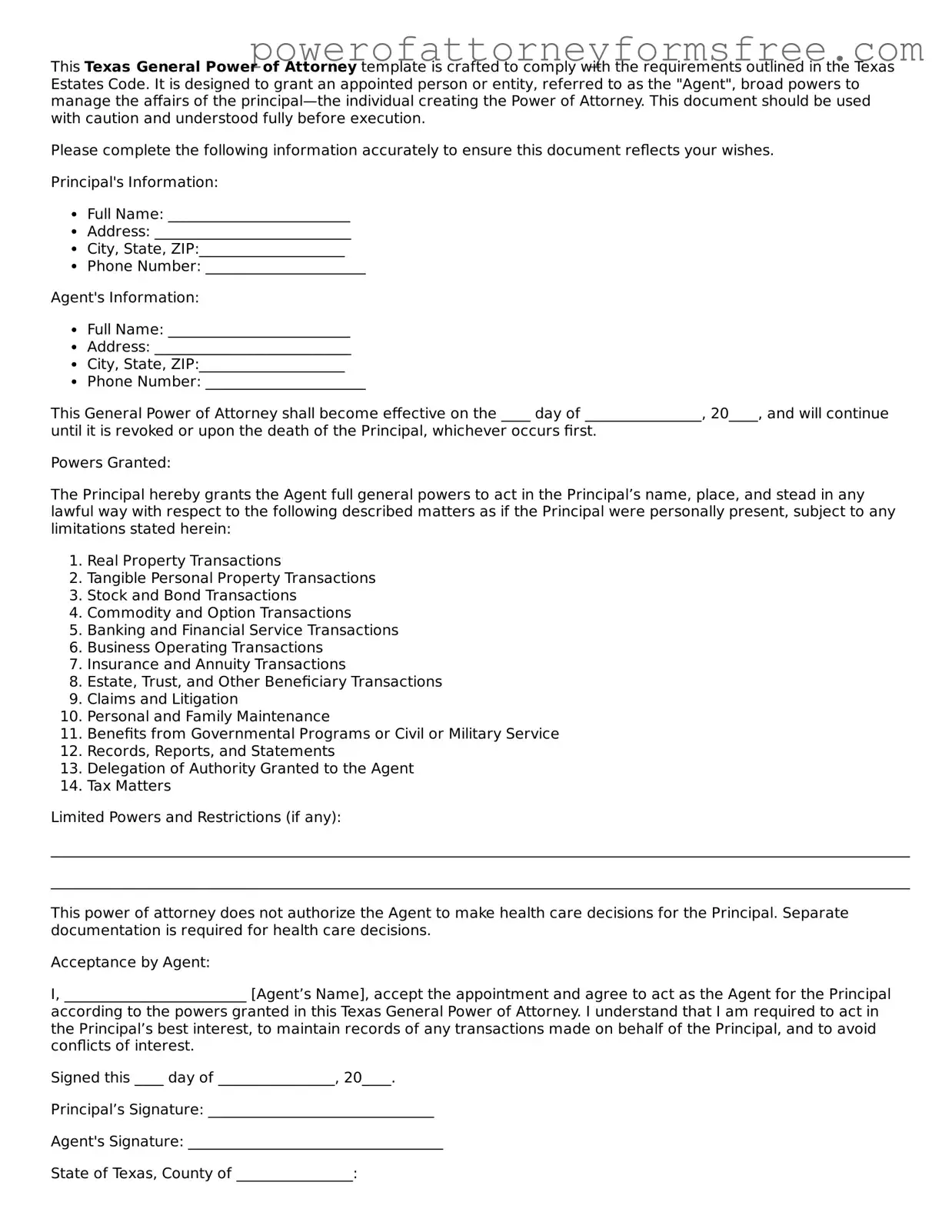 Fillable General Power of Attorney Document for Texas State