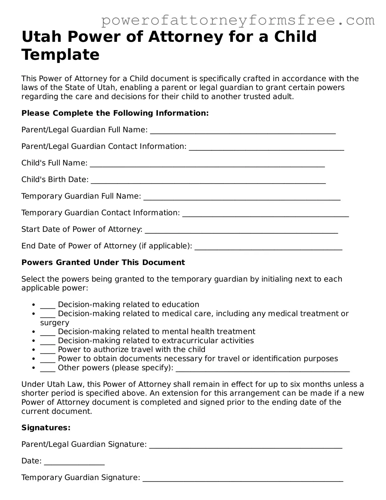 Fillable Power of Attorney for a Child Document for Utah State