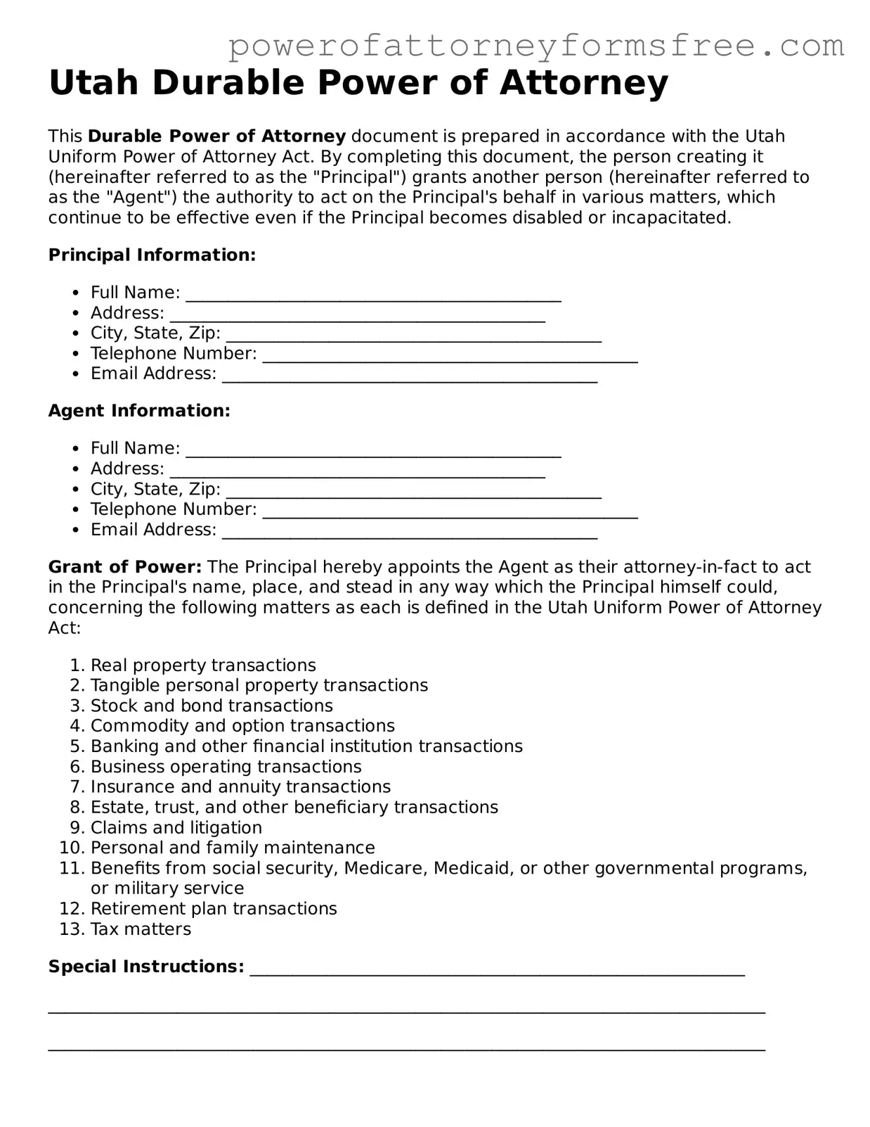 Fillable Durable Power of Attorney Document for Utah State