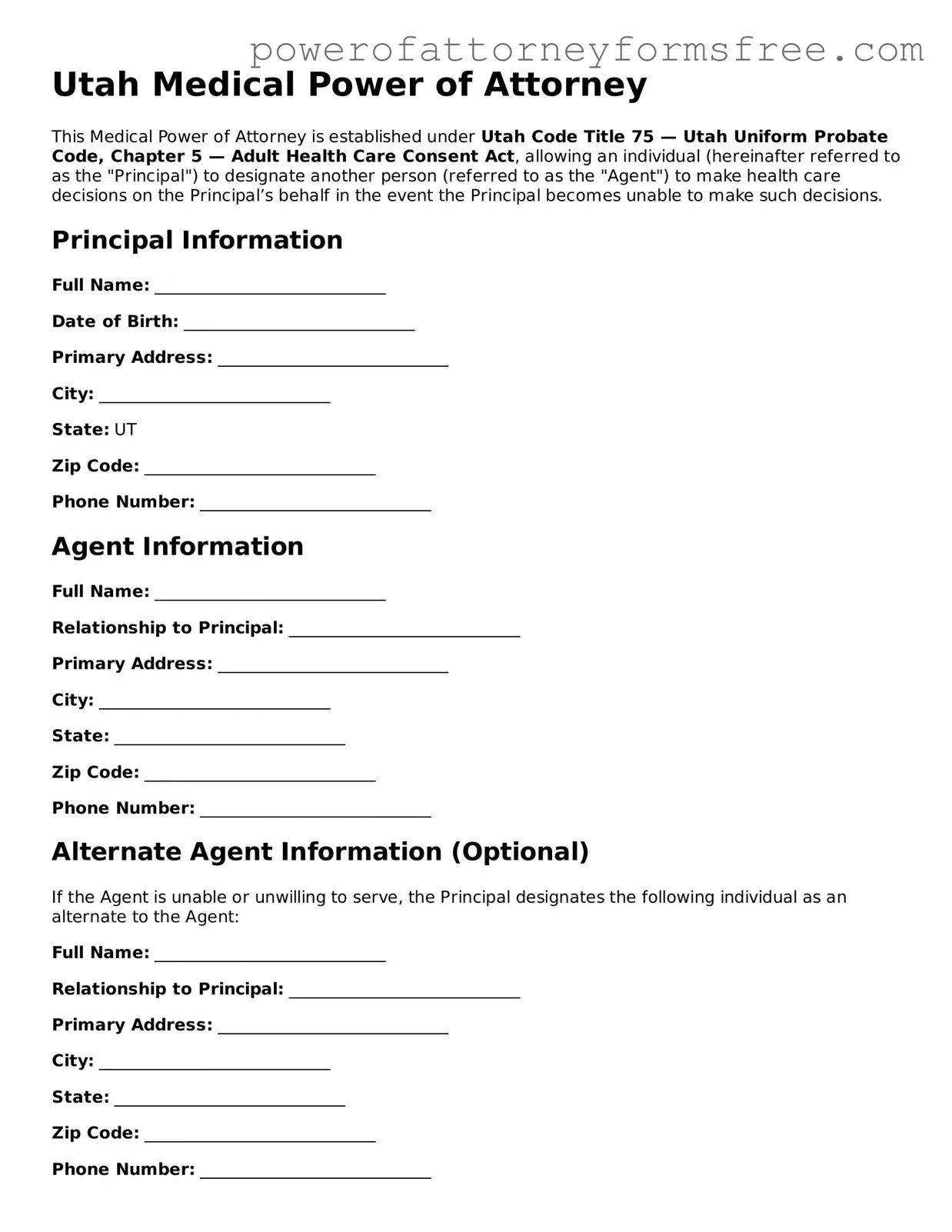 Fillable Medical Power of Attorney Document for Utah State