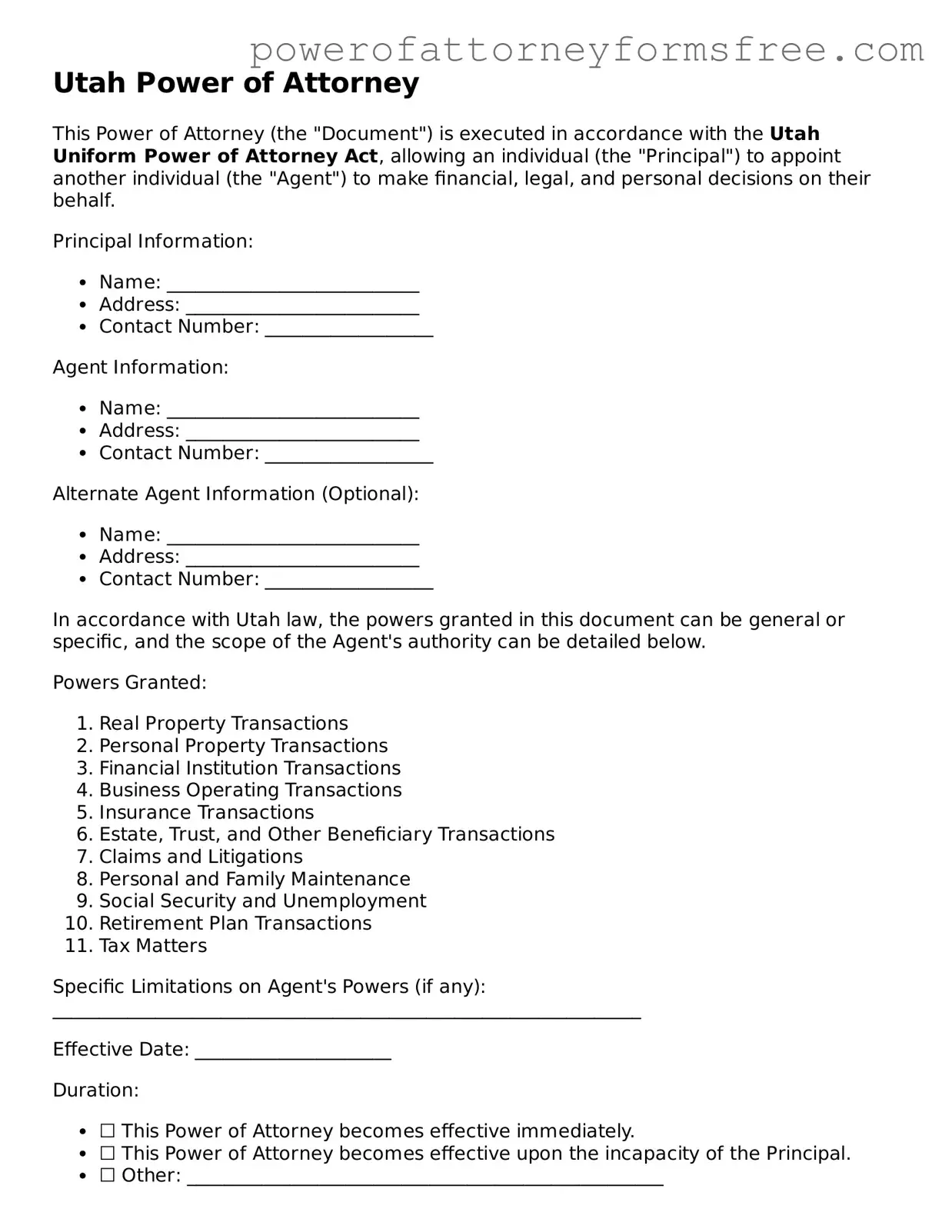 Fillable Power of Attorney Document for Utah State