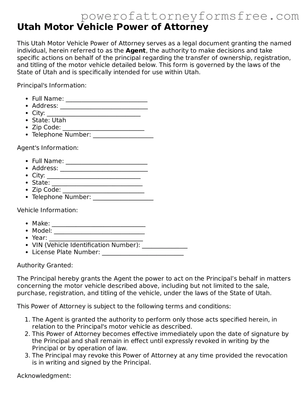 Fillable Motor Vehicle Power of Attorney Document for Utah State