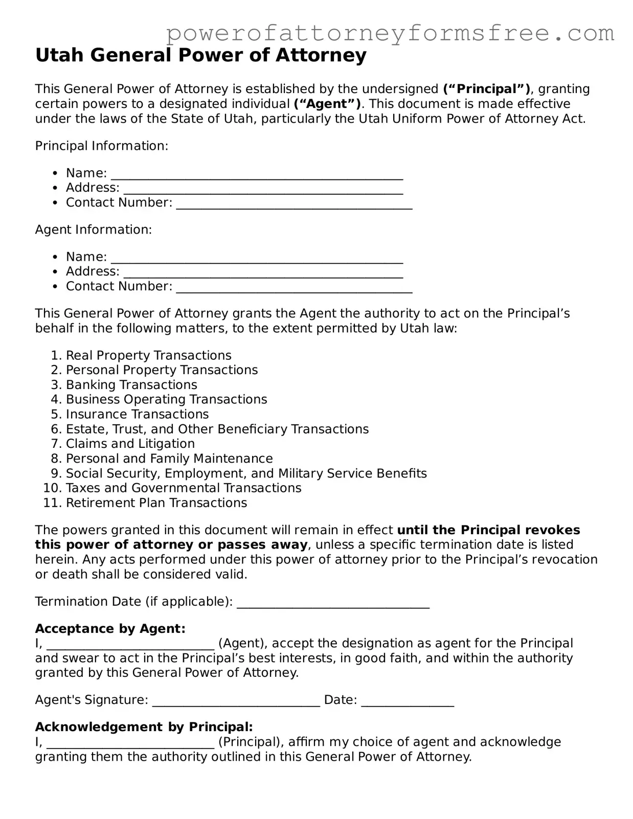 Fillable General Power of Attorney Document for Utah State