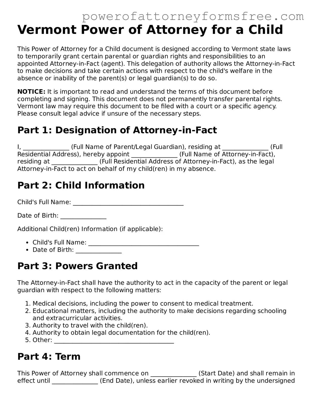 Fillable Power of Attorney for a Child Document for Vermont State
