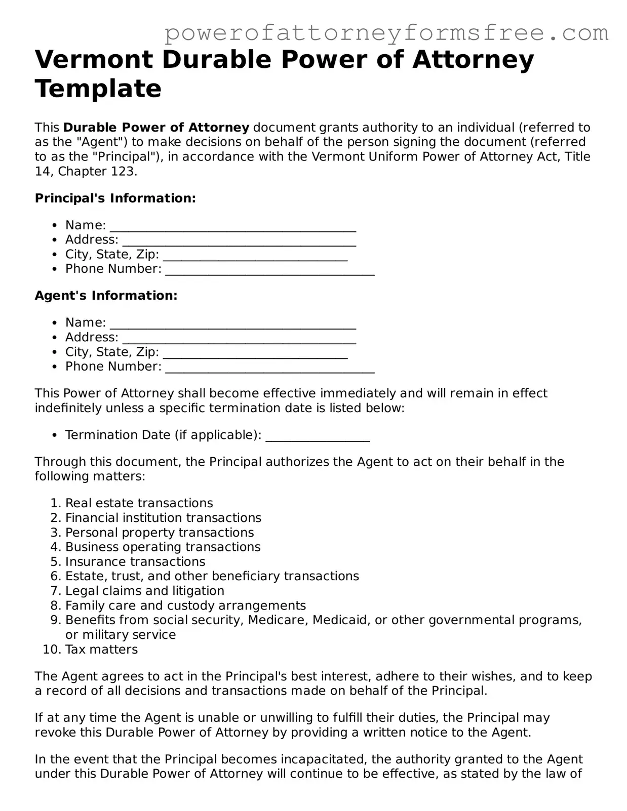 Fillable Durable Power of Attorney Document for Vermont State