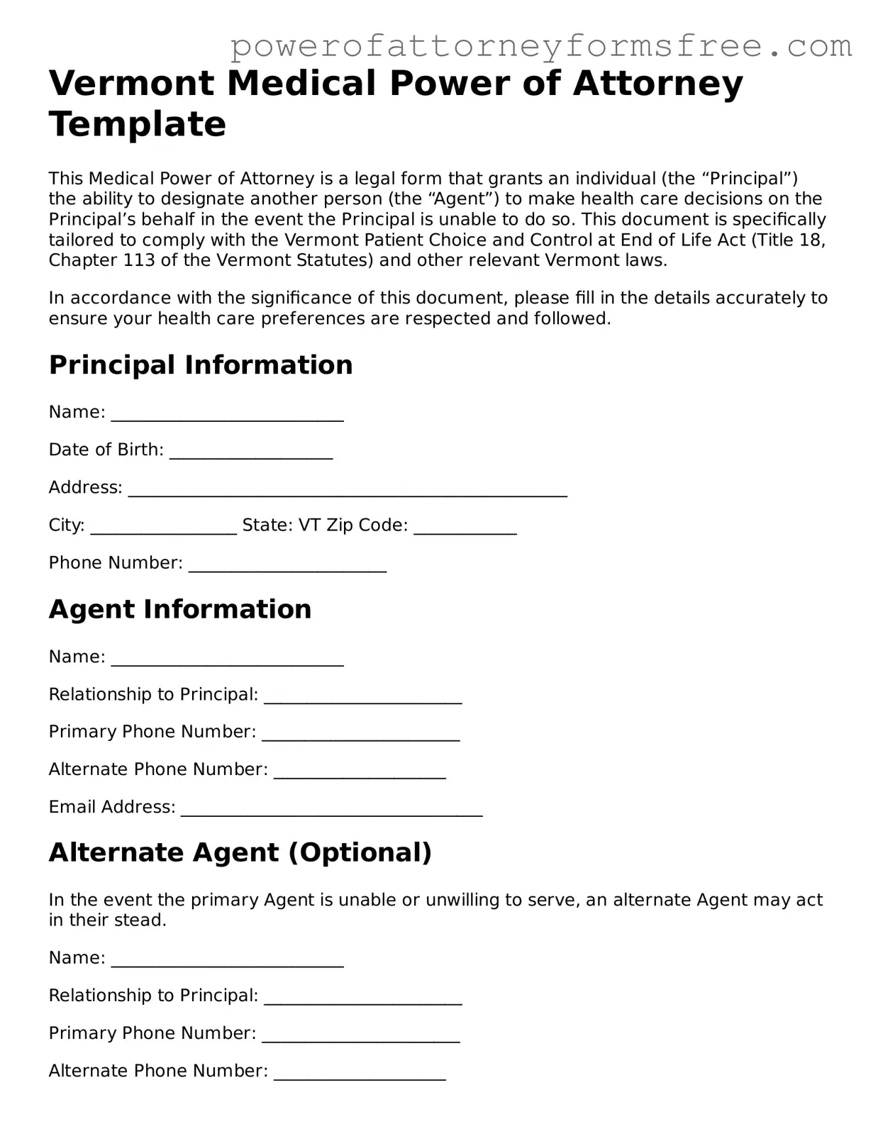 Fillable Medical Power of Attorney Document for Vermont State