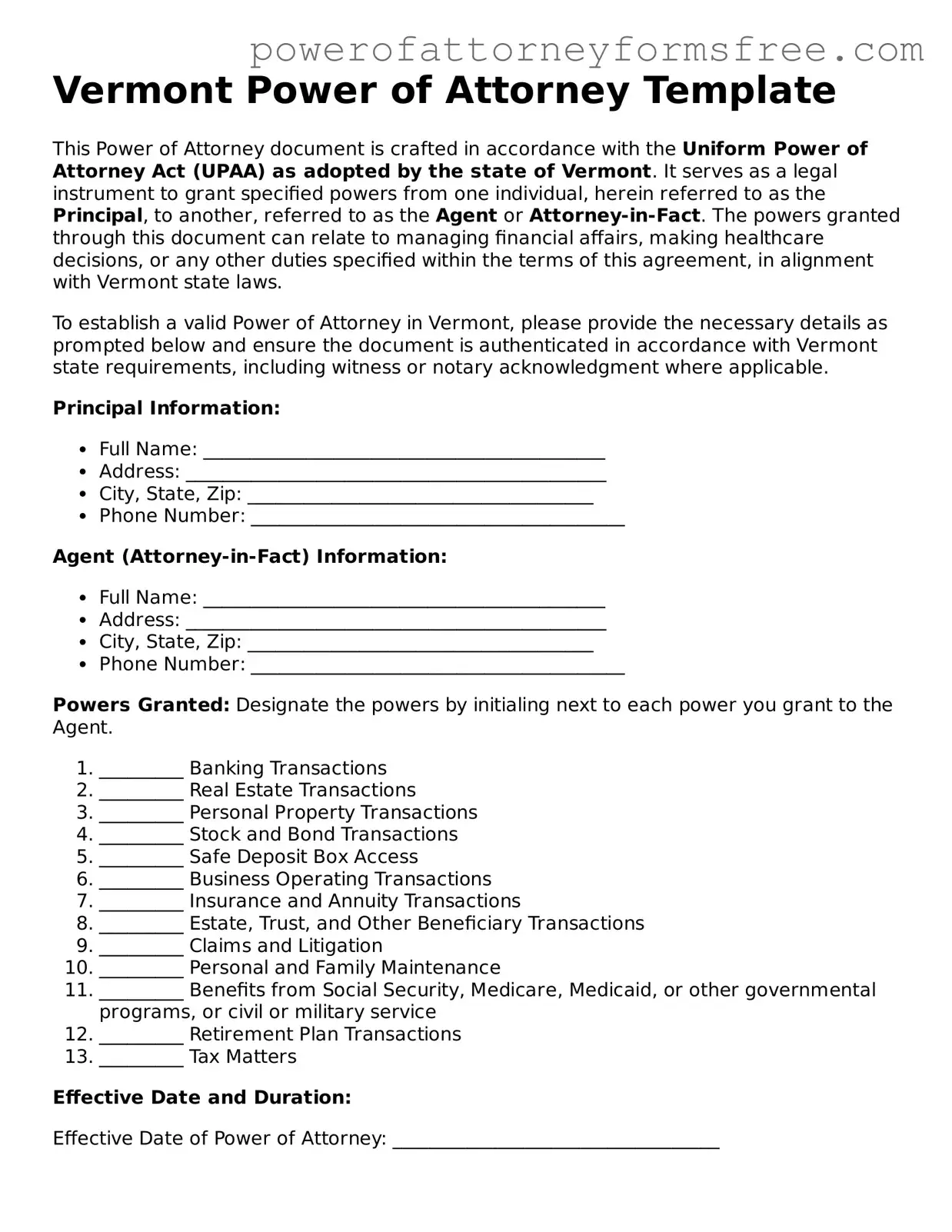 Fillable Power of Attorney Document for Vermont State