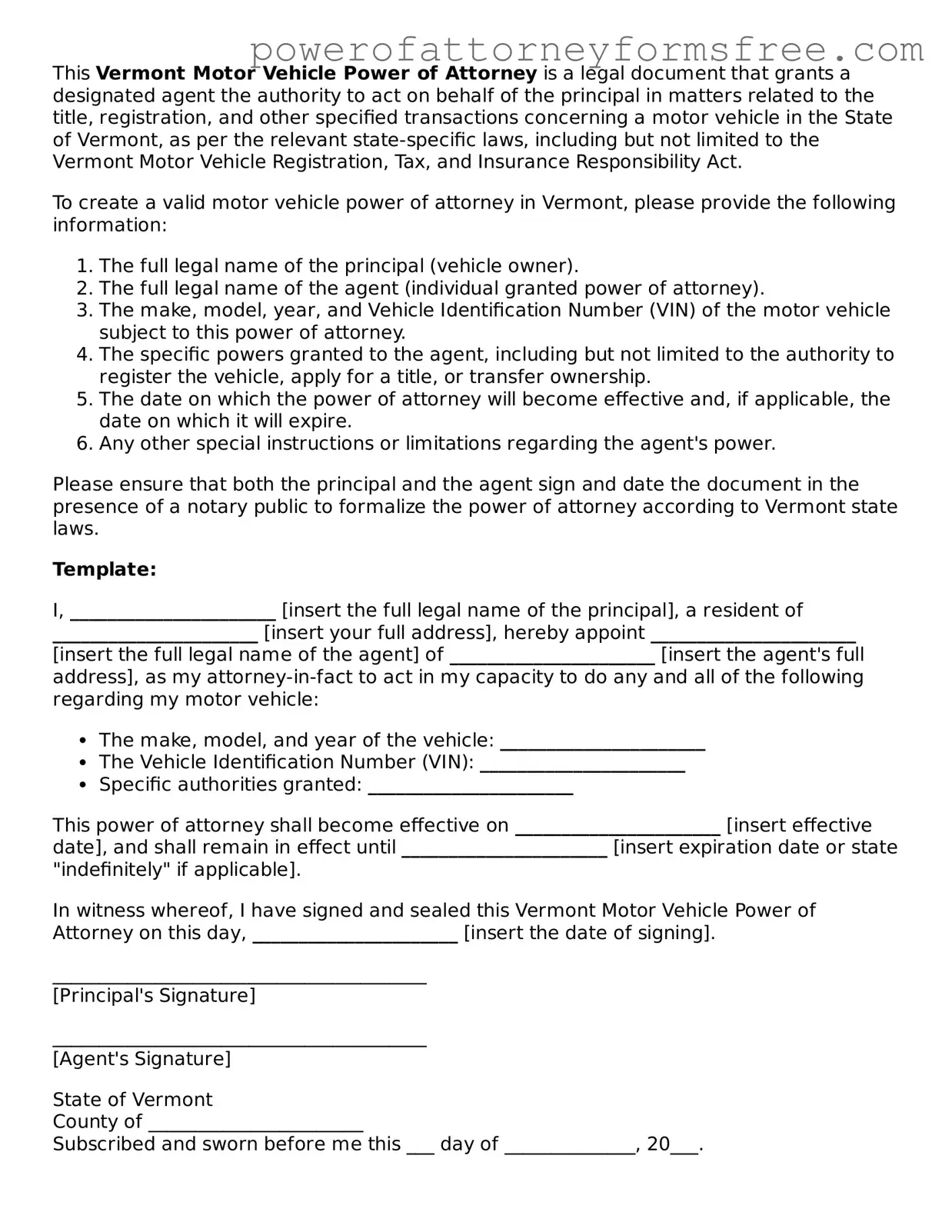 Fillable Motor Vehicle Power of Attorney Document for Vermont State