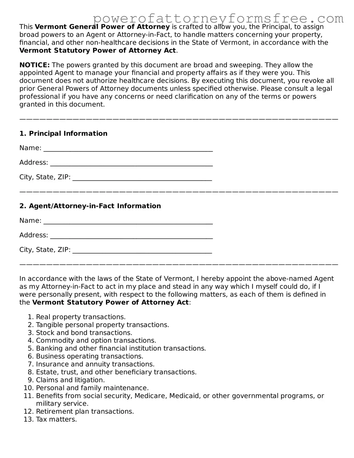 Fillable General Power of Attorney Document for Vermont State