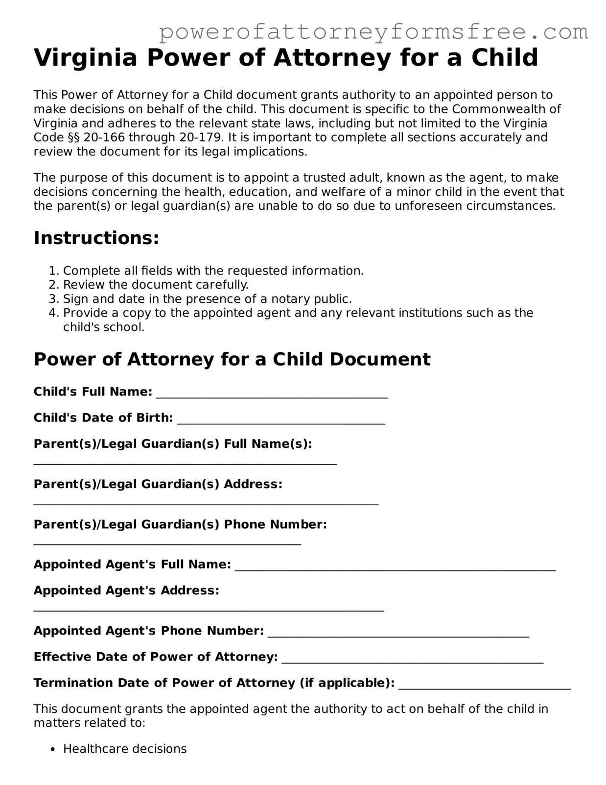 Fillable Power of Attorney for a Child Document for Virginia State