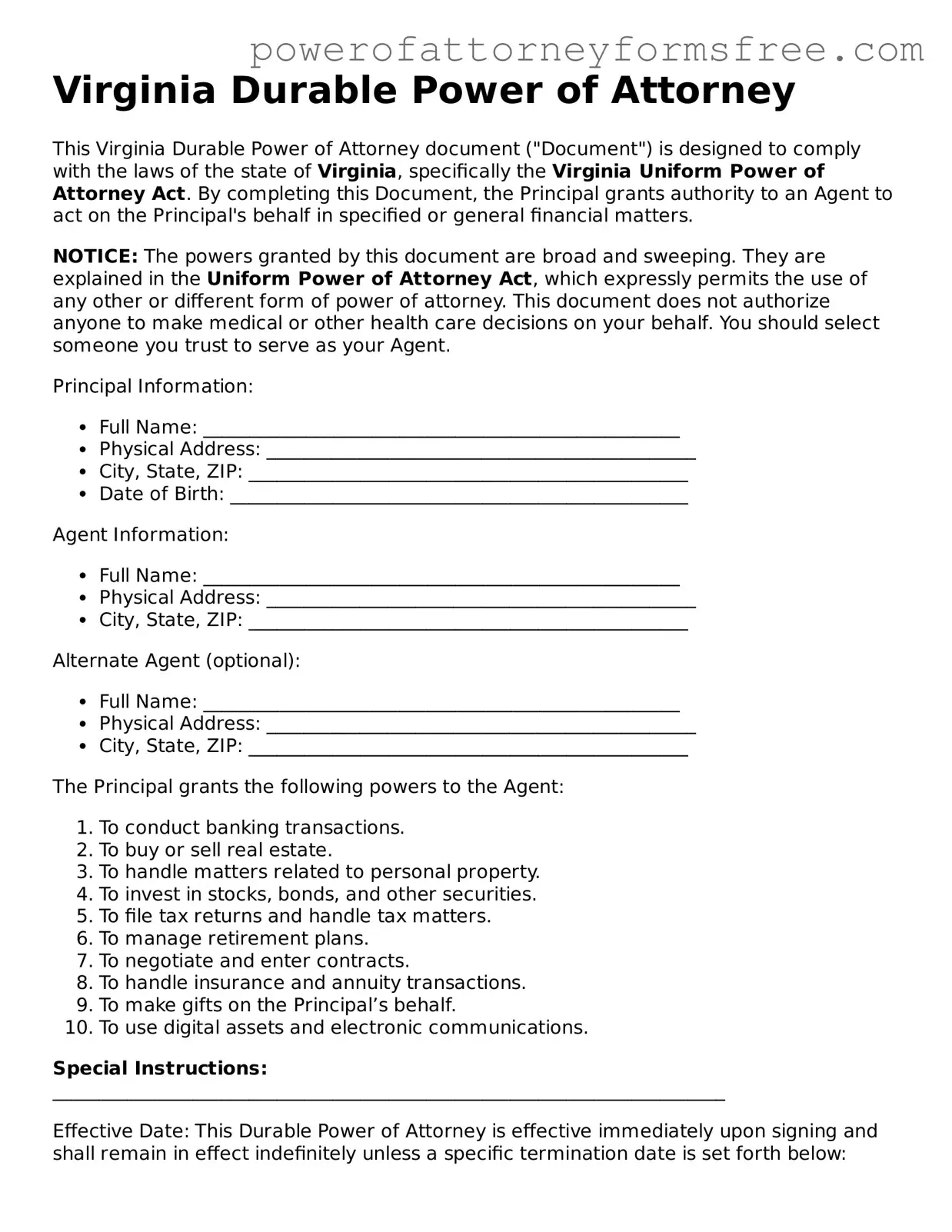 Fillable Durable Power of Attorney Document for Virginia State